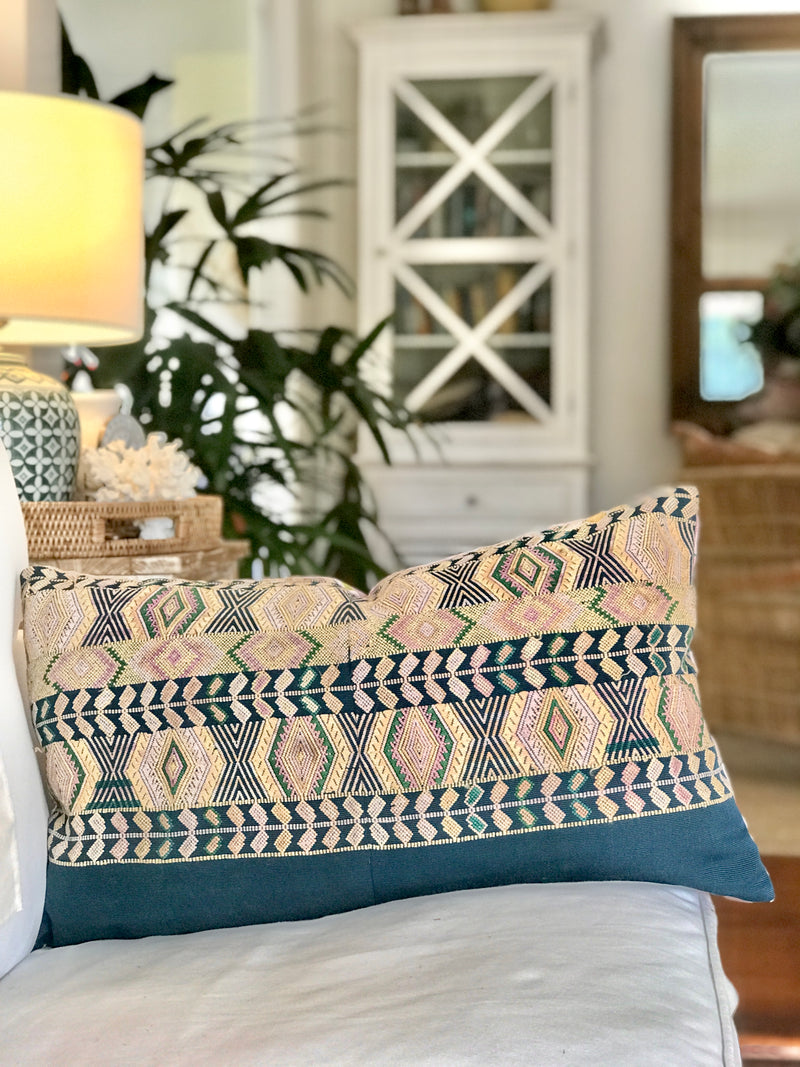 Guatemalan embroidered huipil pillow. Blue Geometric Chichicastenango.