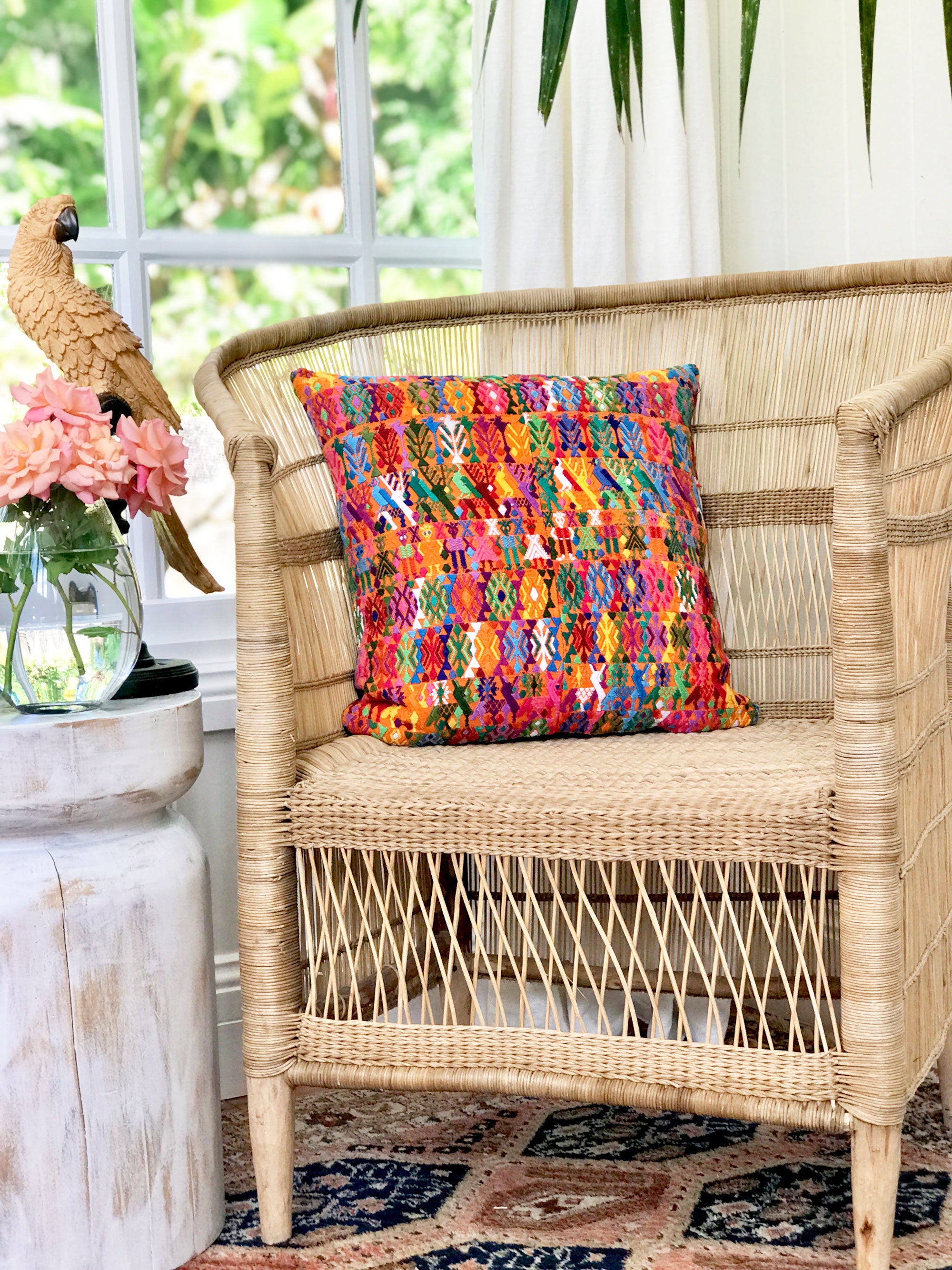 Guatemalan embroidered huipil pillow. Orange Coban.