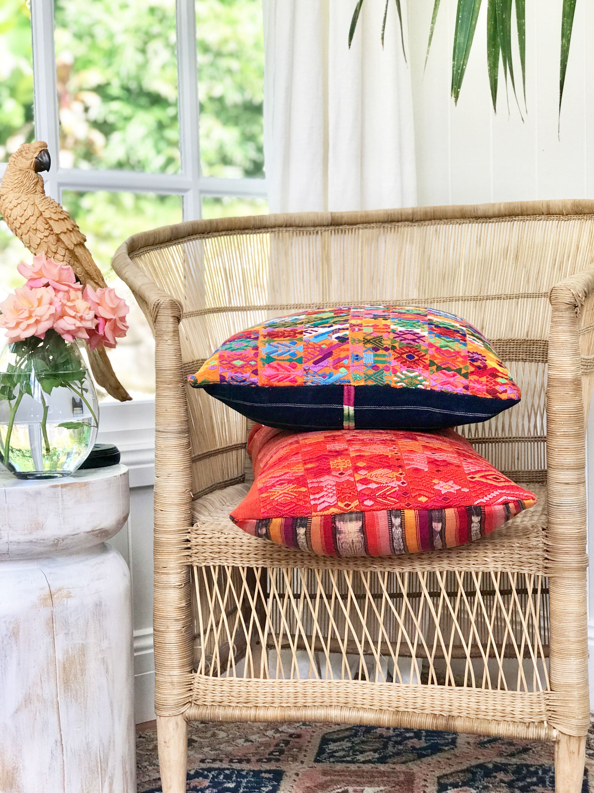 Guatemalan embroidered huipil pillow. Orange Coban.