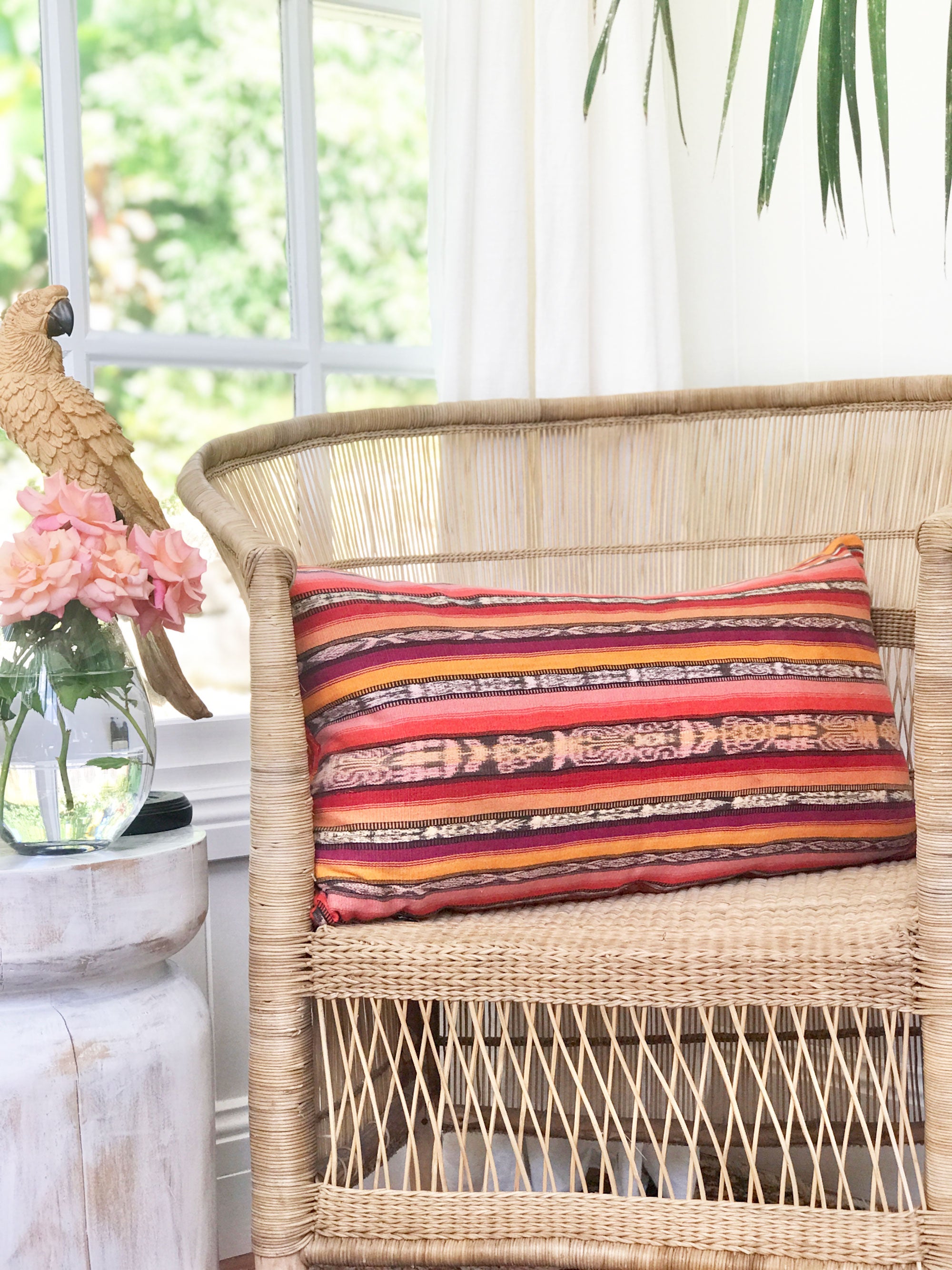 Guatemalan embroidered huipil pillow. Orange Coban.