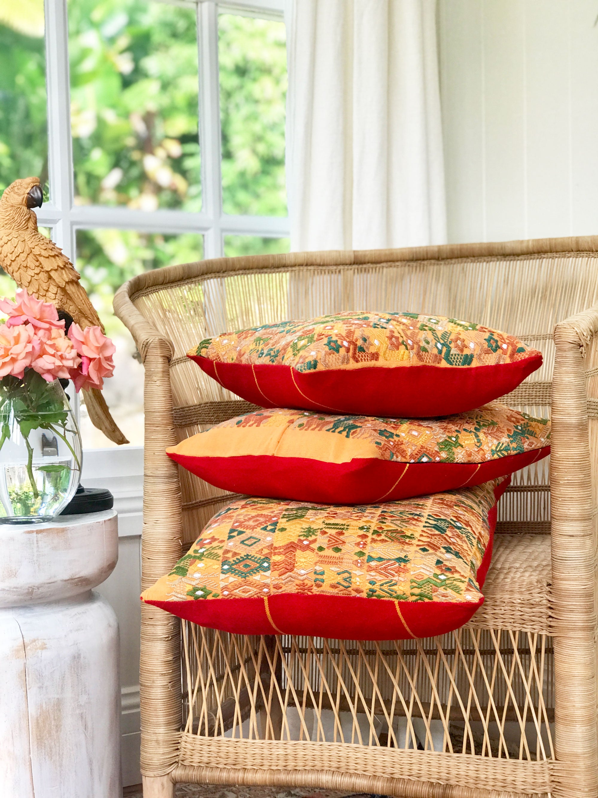 Guatemalan embroidered huipil pillow. Yellow Coban.