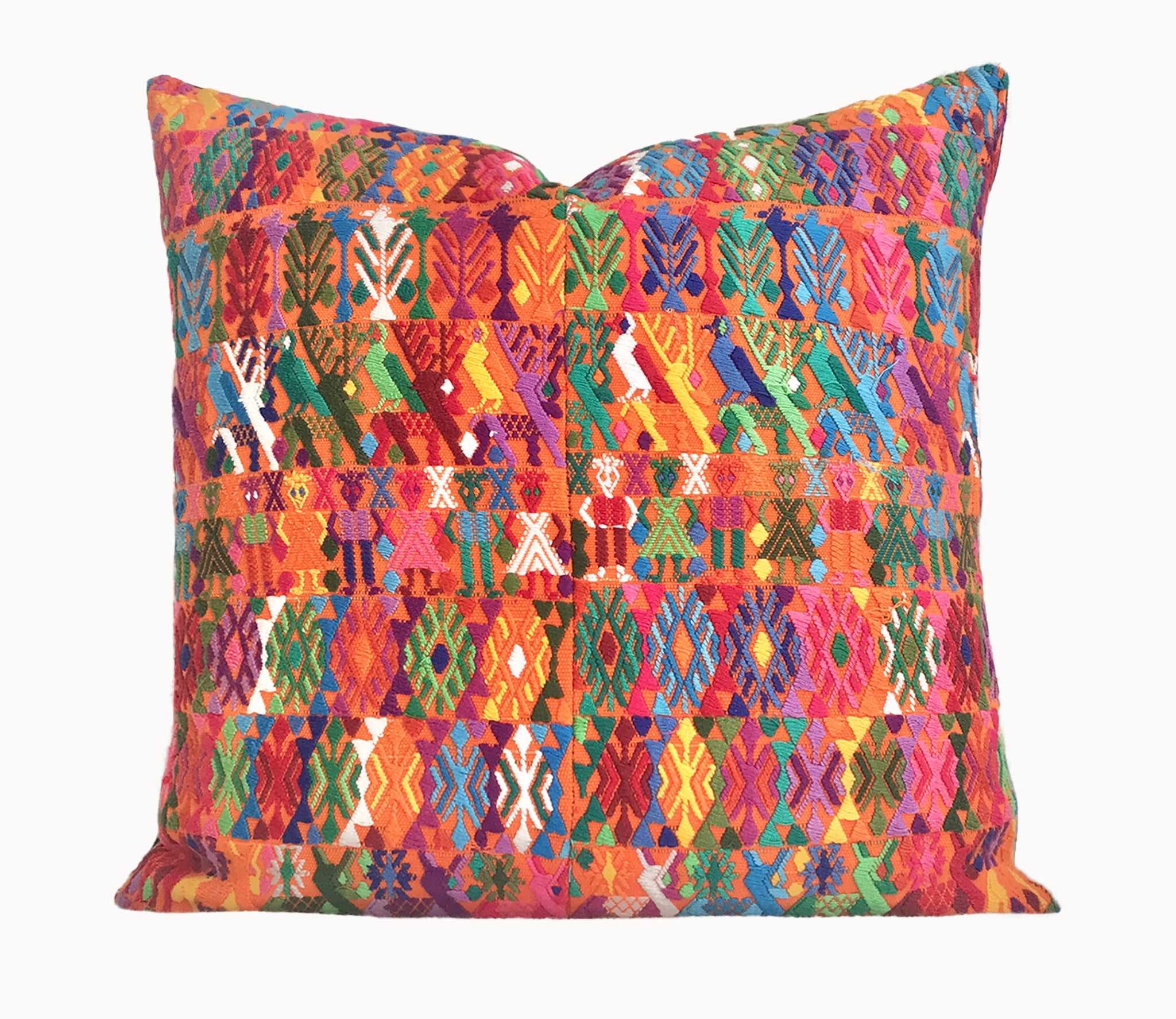 Guatemalan embroidered huipil pillow. Orange Coban.
