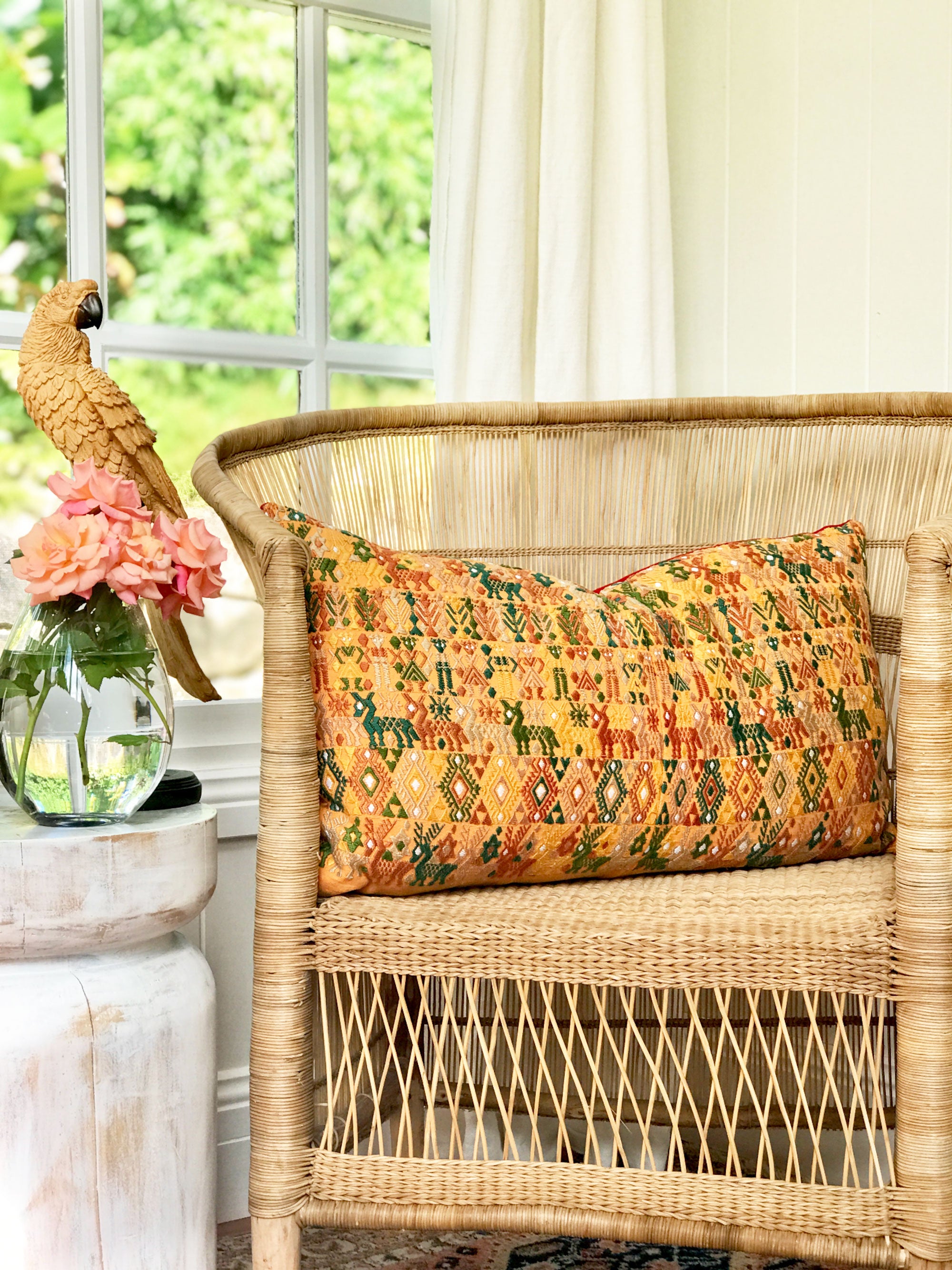 Guatemalan embroidered huipil pillow. Yellow Coban.