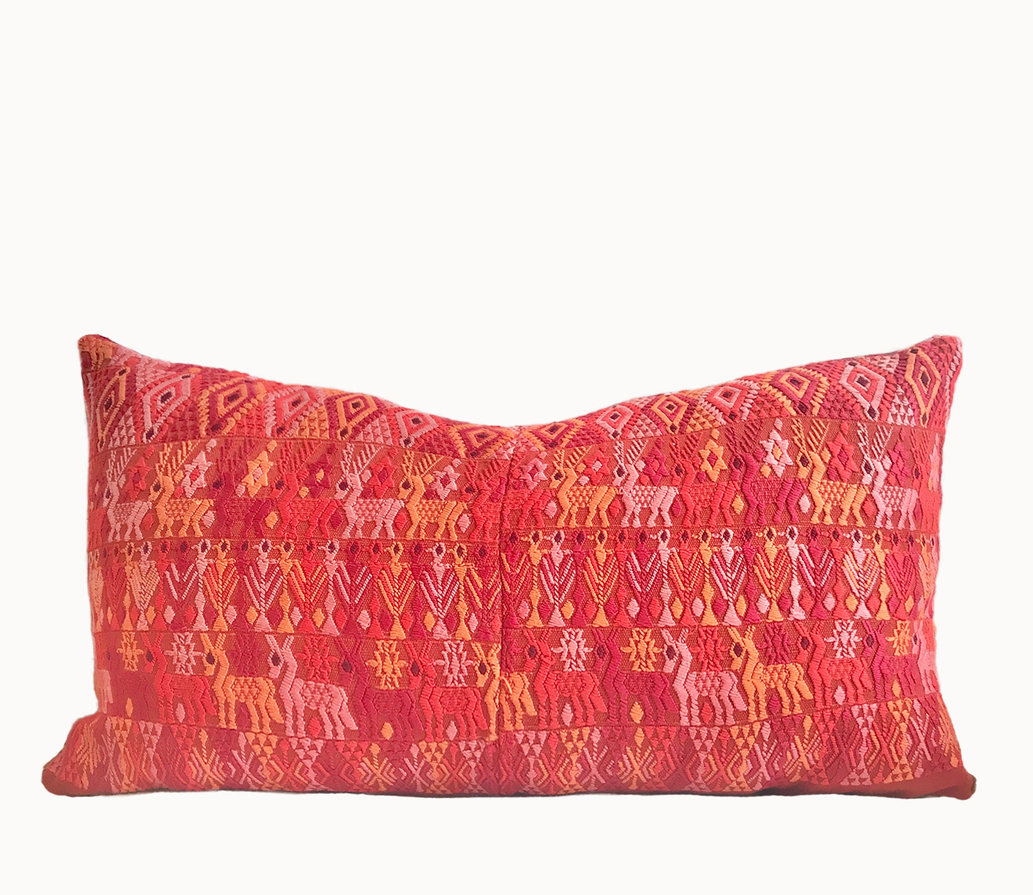 Guatemalan embroidered huipil pillow. Orange Coban.