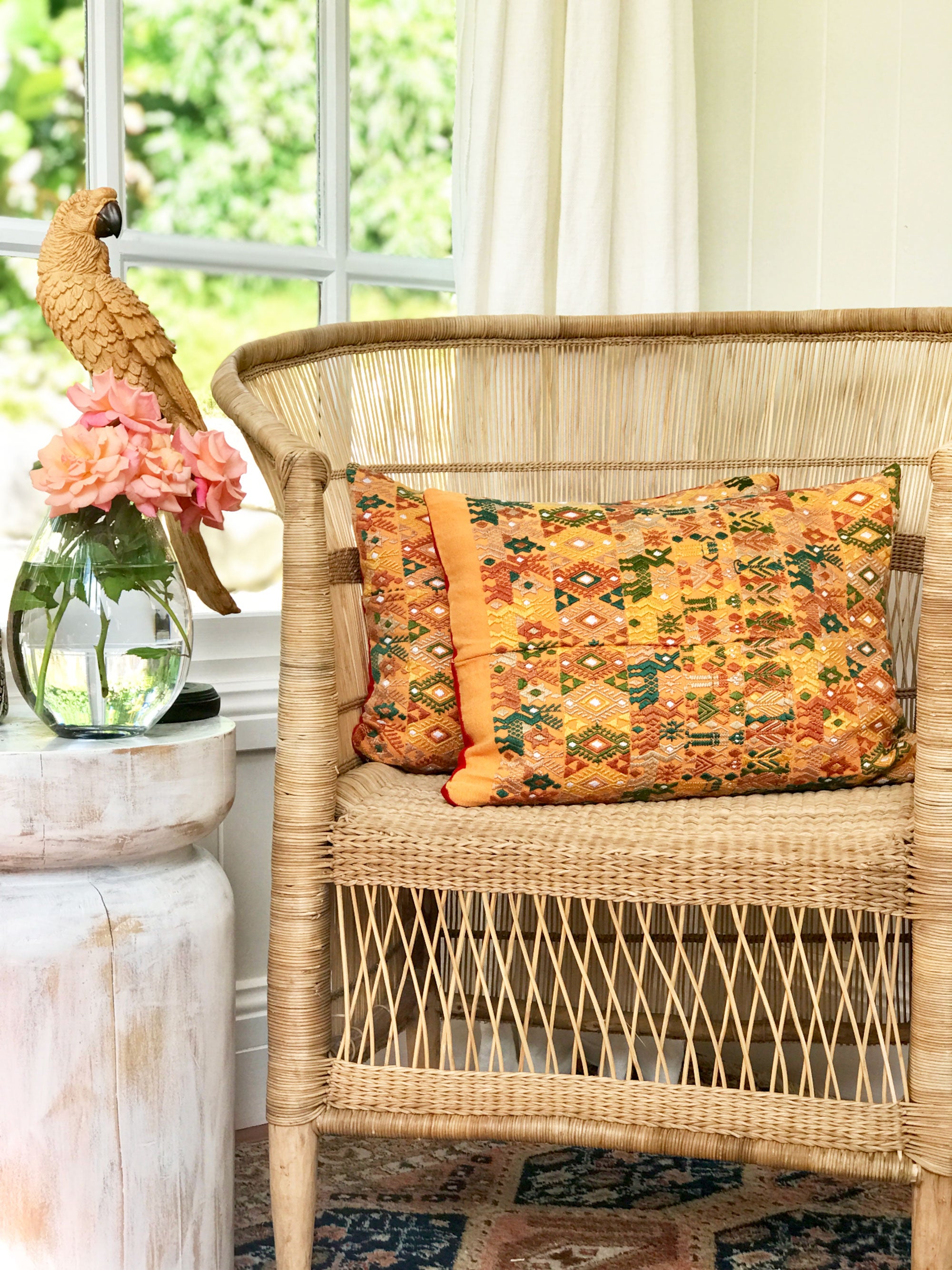 Guatemalan embroidered huipil pillow. Yellow Coban.