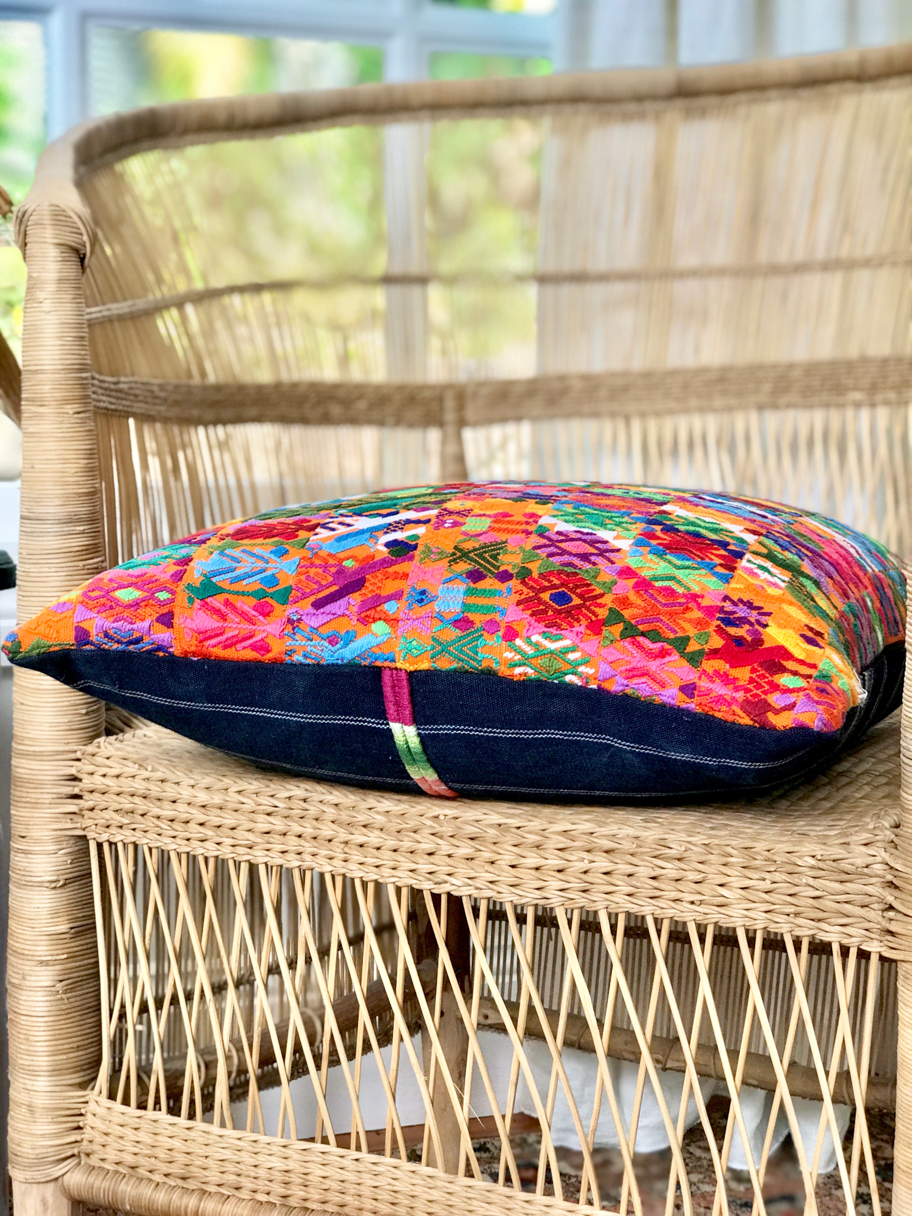 Guatemalan embroidered huipil pillow. Orange Coban.