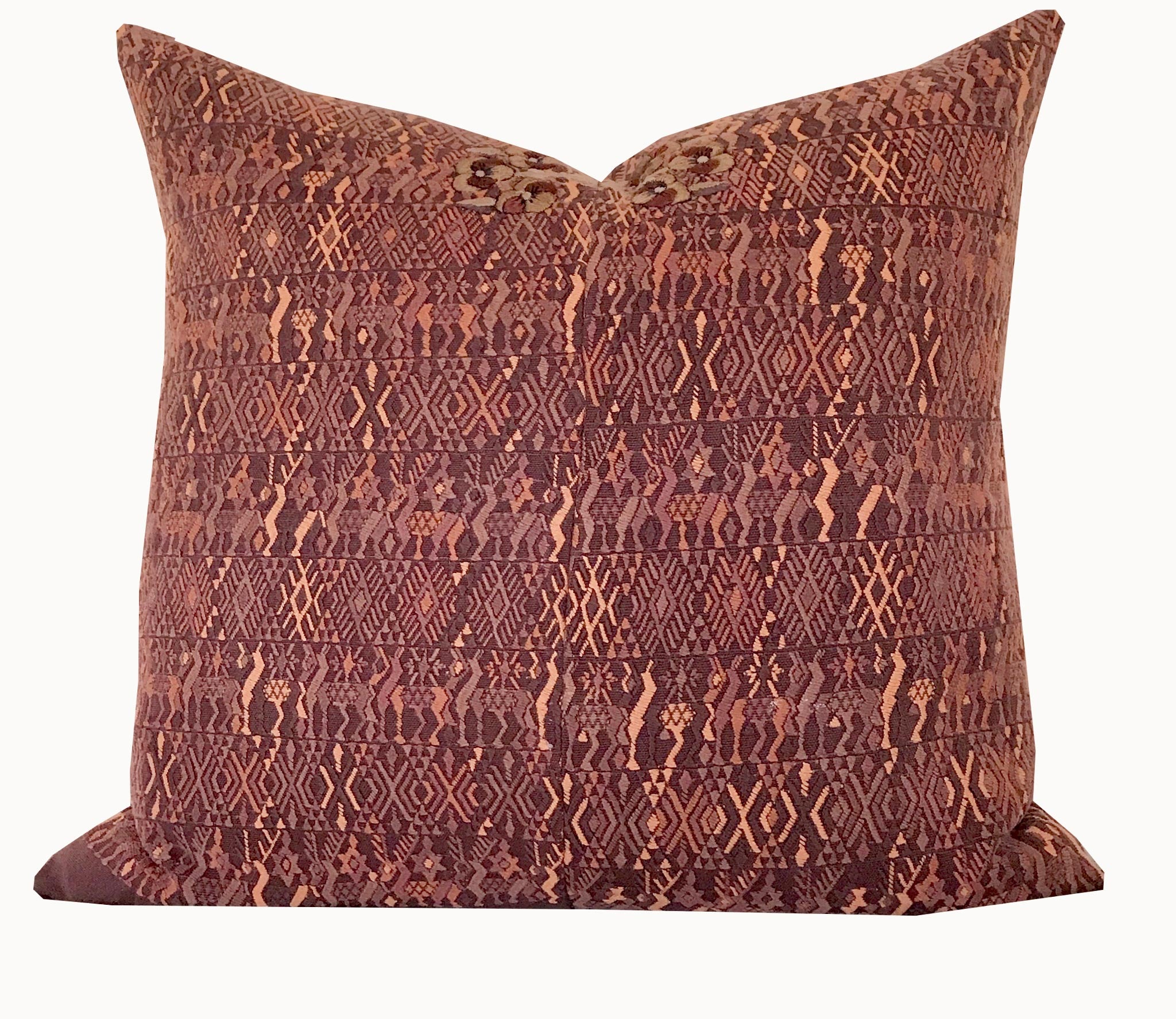 Vintage textile cushion made from a Guatemalan huipil and corte