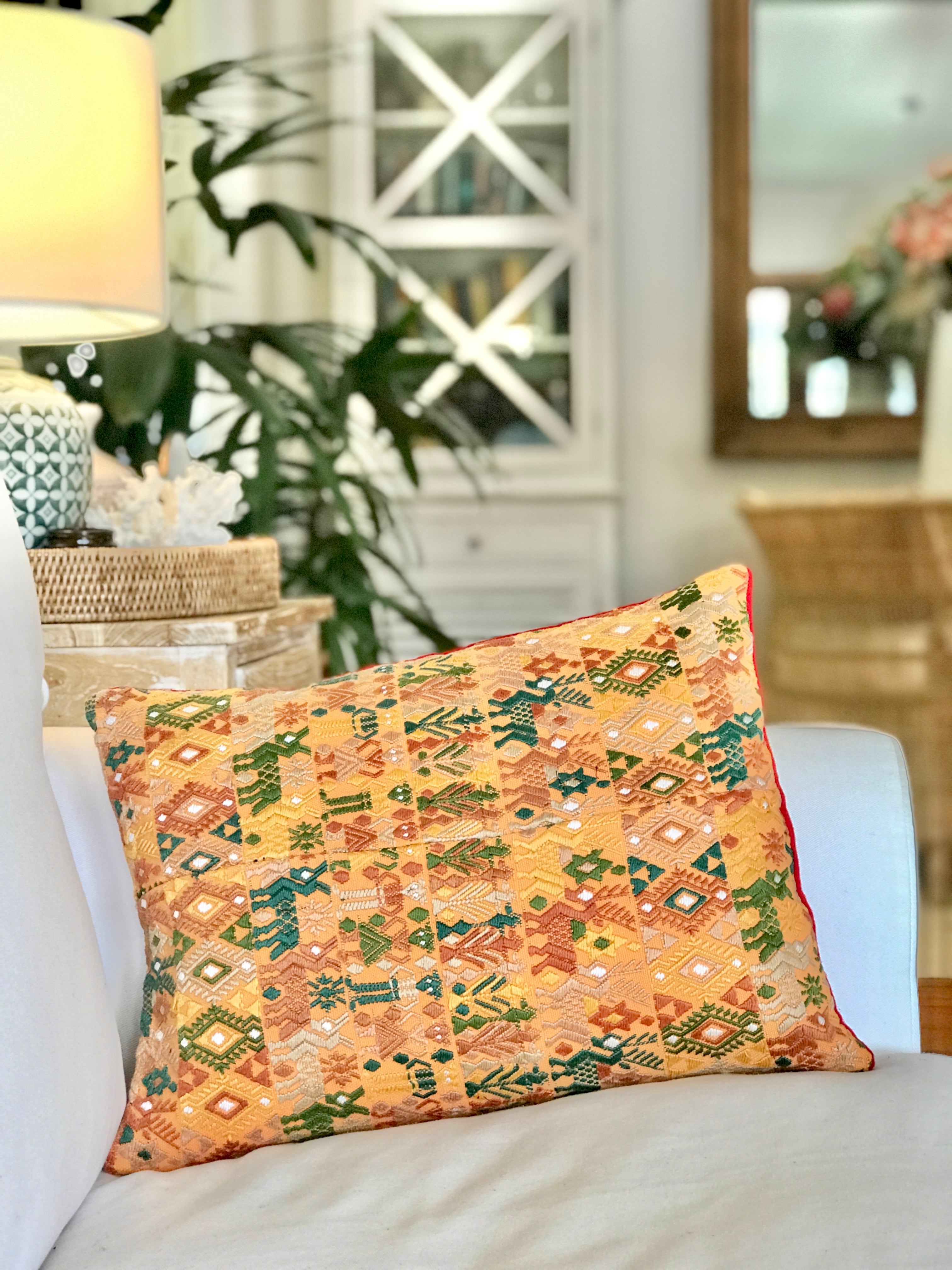 Guatemalan embroidered huipil pillow. Yellow Coban.