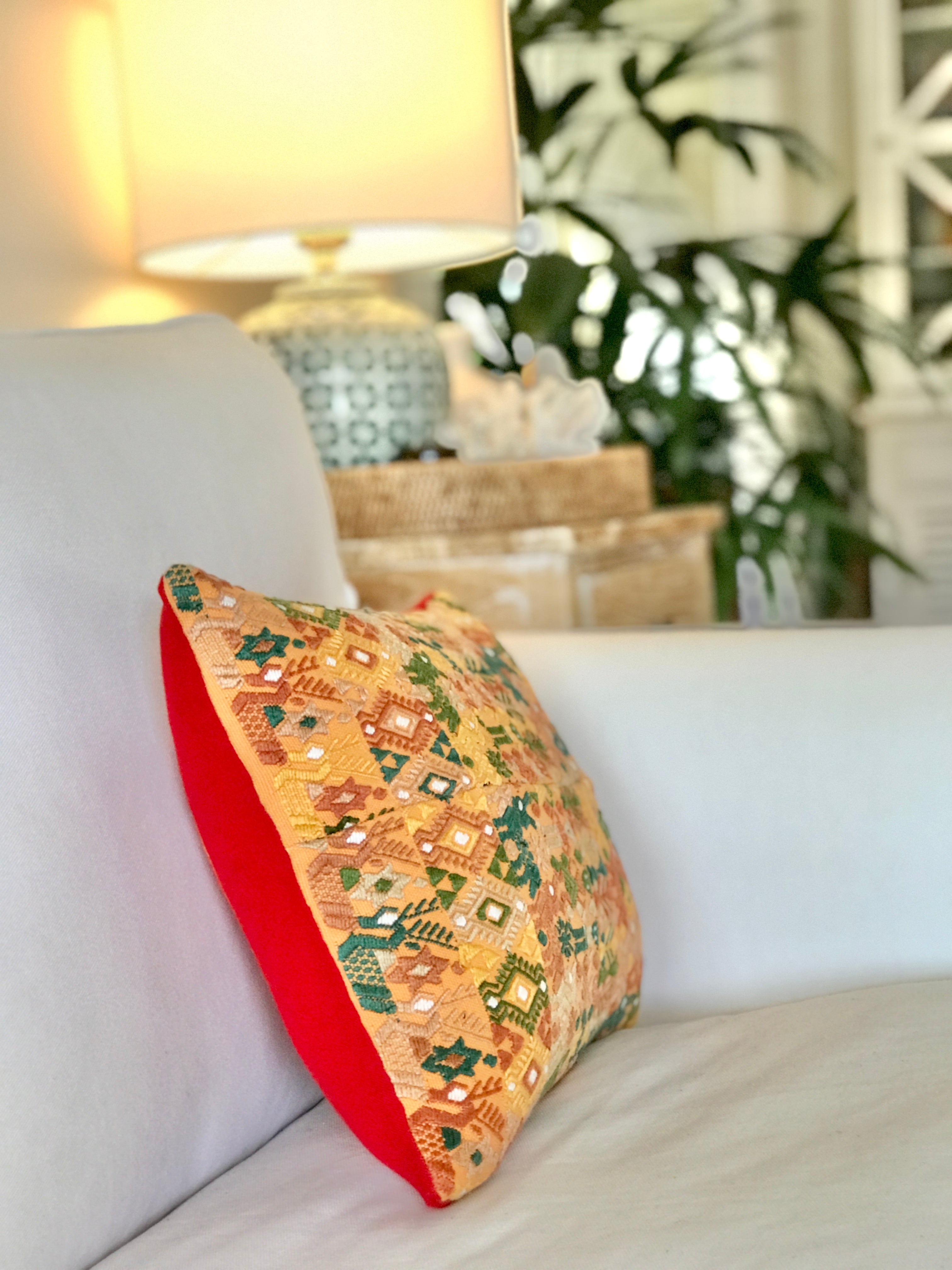 Guatemalan embroidered huipil pillow. Yellow Coban.