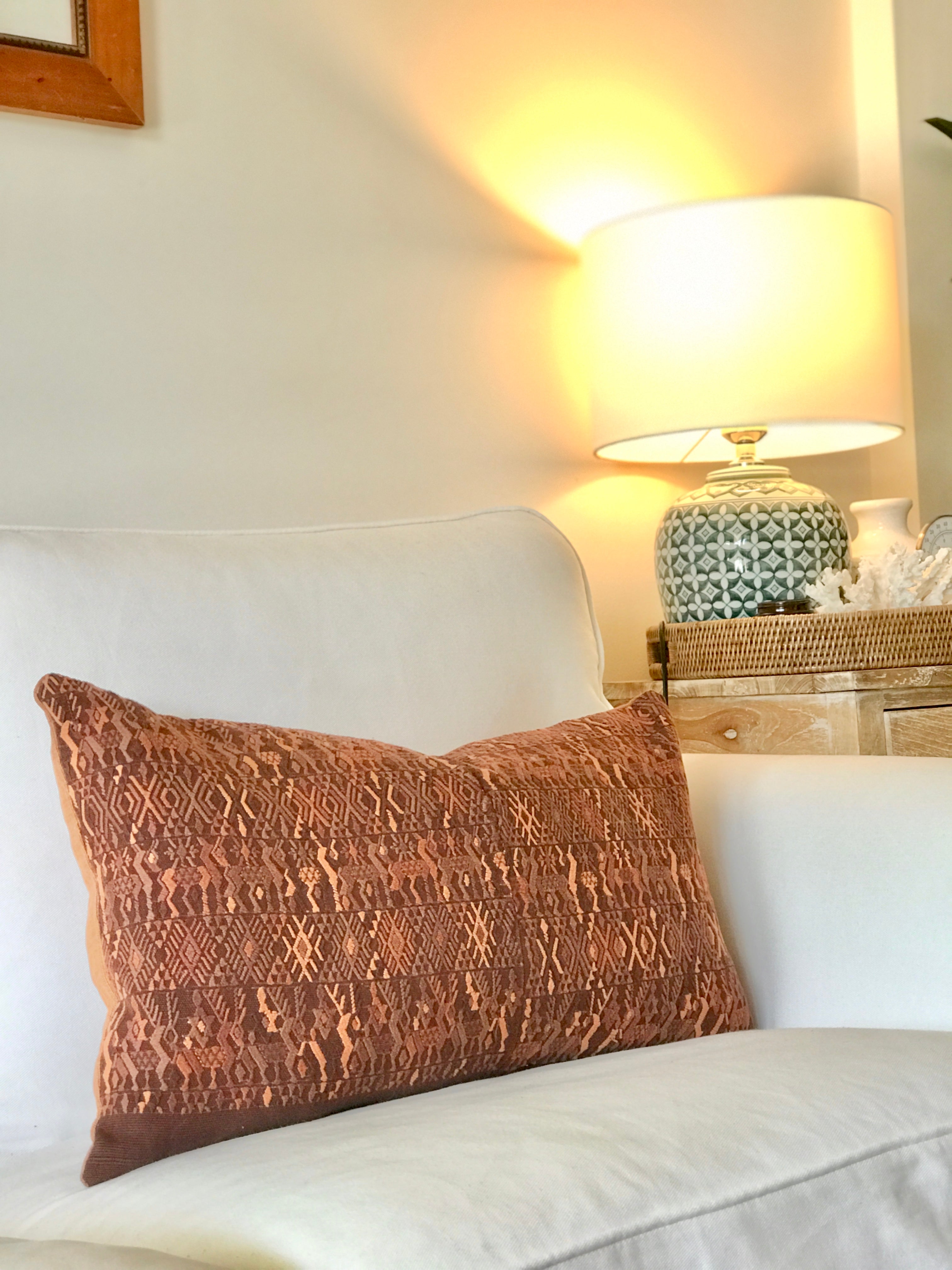 Guatemalan embroidered huipil pillow. Brown Coban.