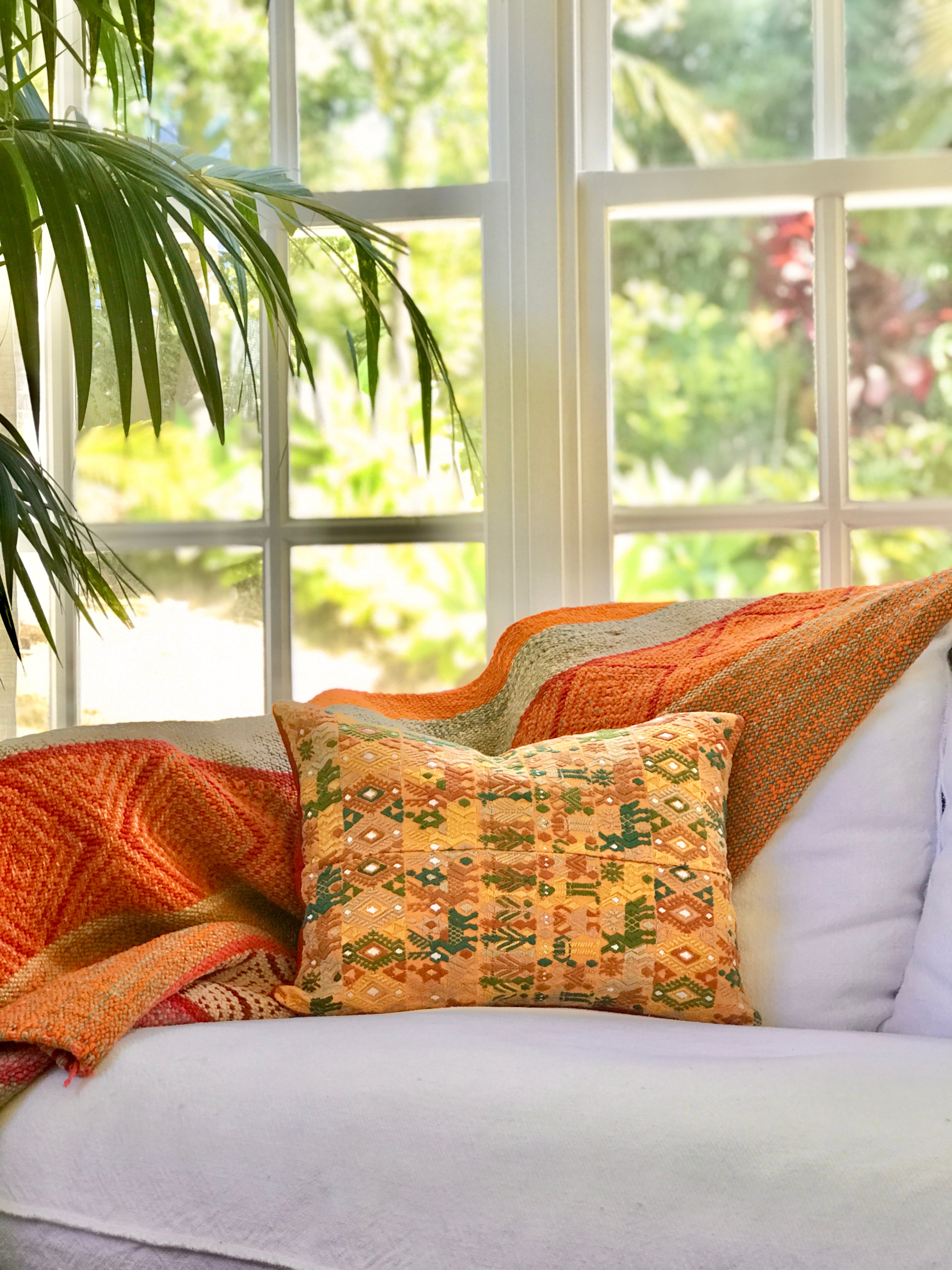 Guatemalan embroidered huipil pillow. Yellow Coban.