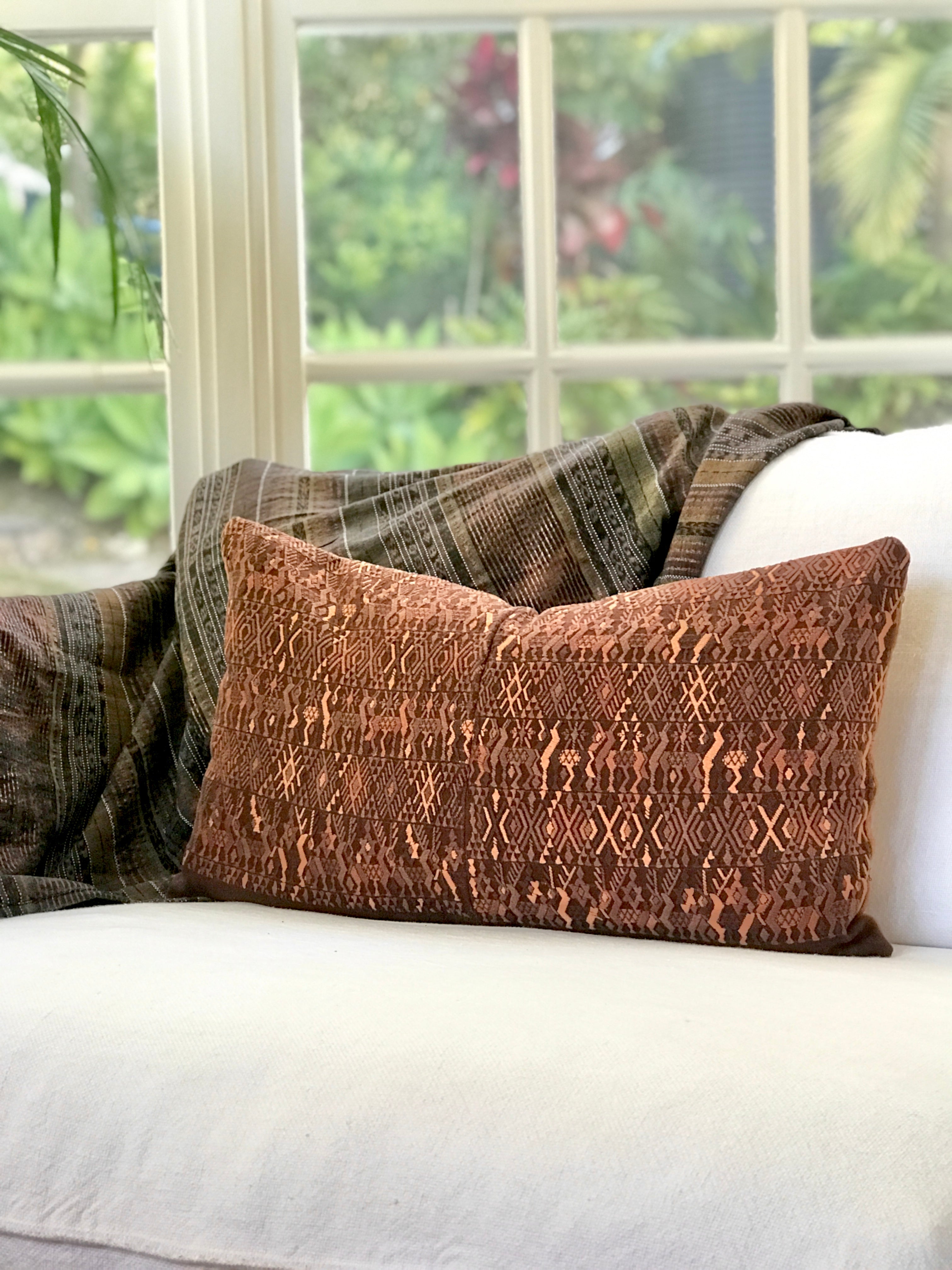 Guatemalan embroidered huipil pillow. Brown Coban.