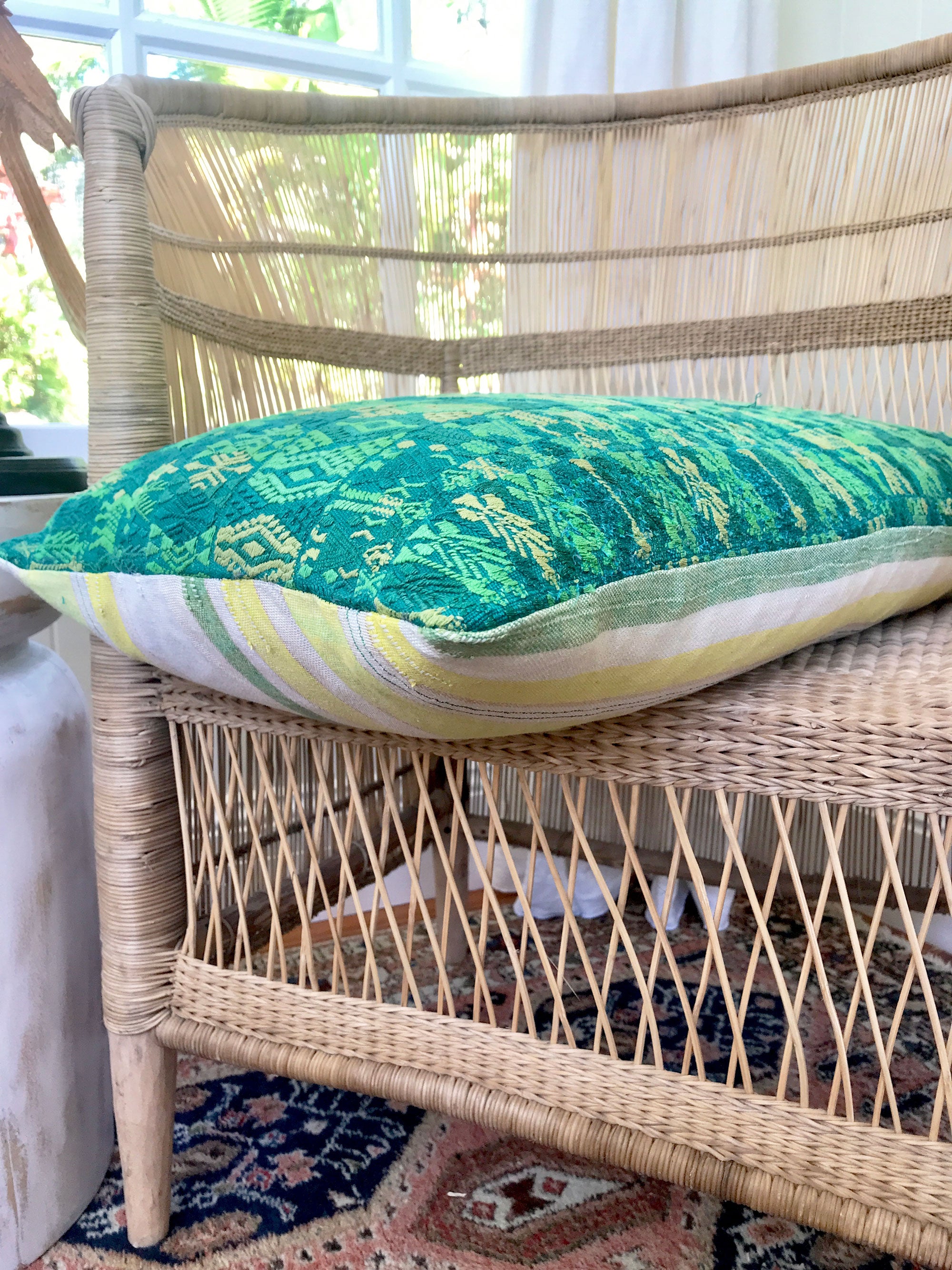 Guatemalan embroidered huipil pillow. Green Coban.