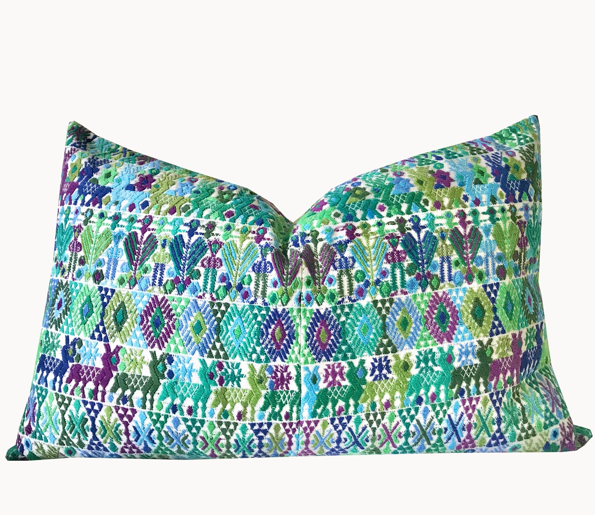 Guatemalan Huipil Textile Pillow, vintage, hand embroidered blue bohemian cushion from Coban