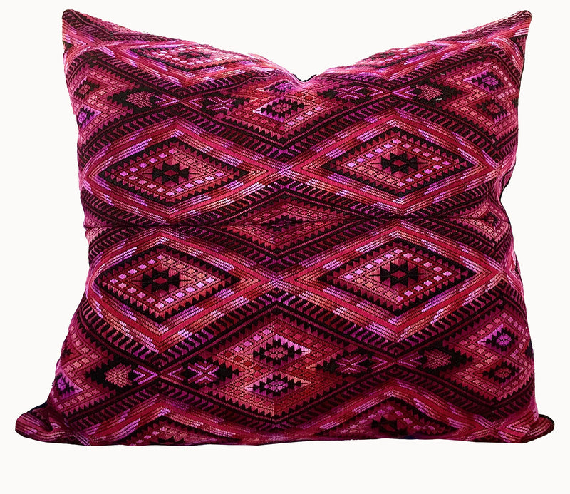Guatemalan embroidered huipil pillow. Geometric chevron design in bold fuchsia