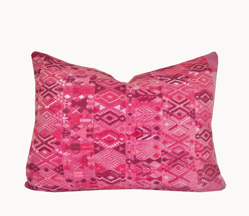 Set of 3 Guatemalan Huipil Pillows, vintage, hand embroidered textiles in hot pink and white with a playful tribal design