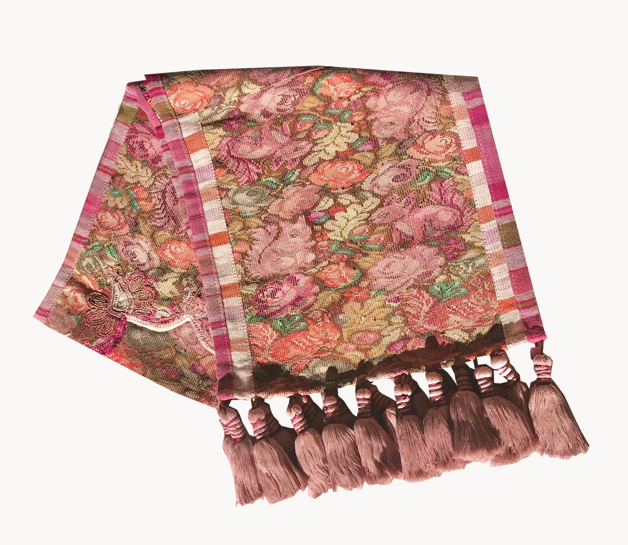 Guatemalan Textile, pink floral table runner with tassels made from a Nahuala huipil