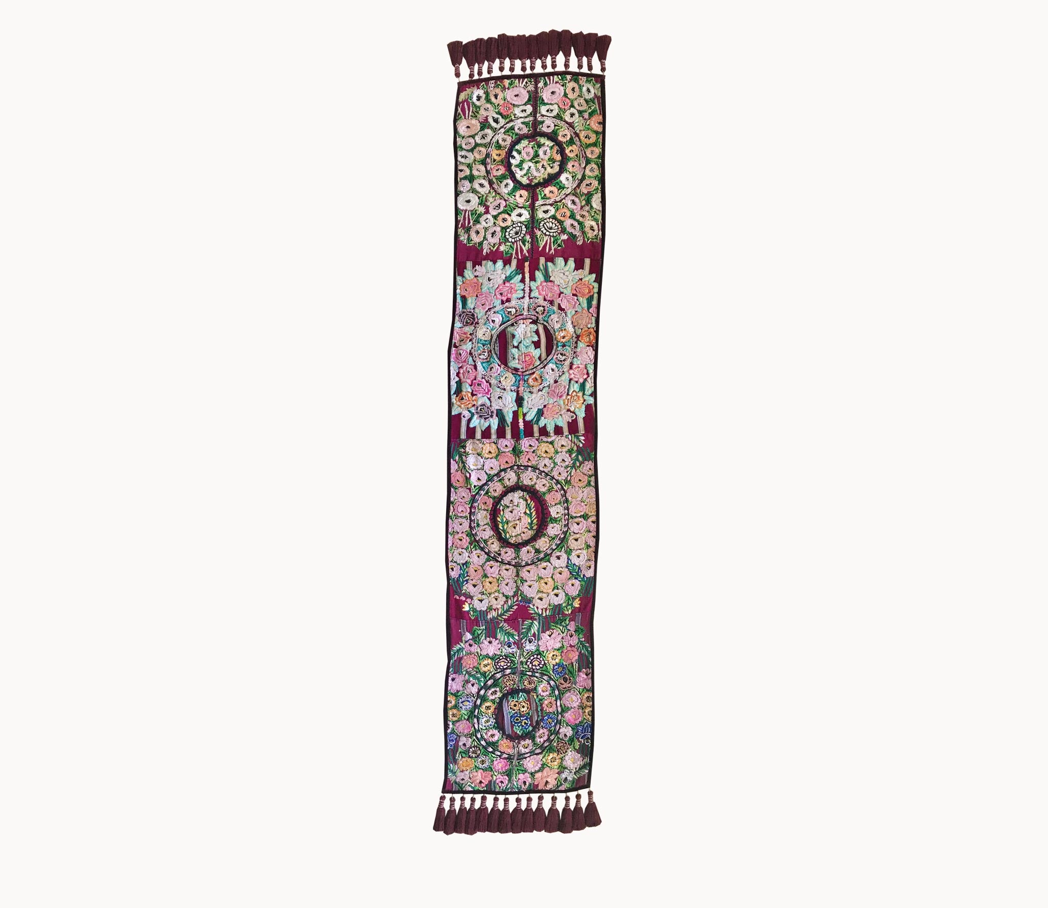 Guatemalan Textile, floral table runner with tassels made from 4 huipiles from Patzun