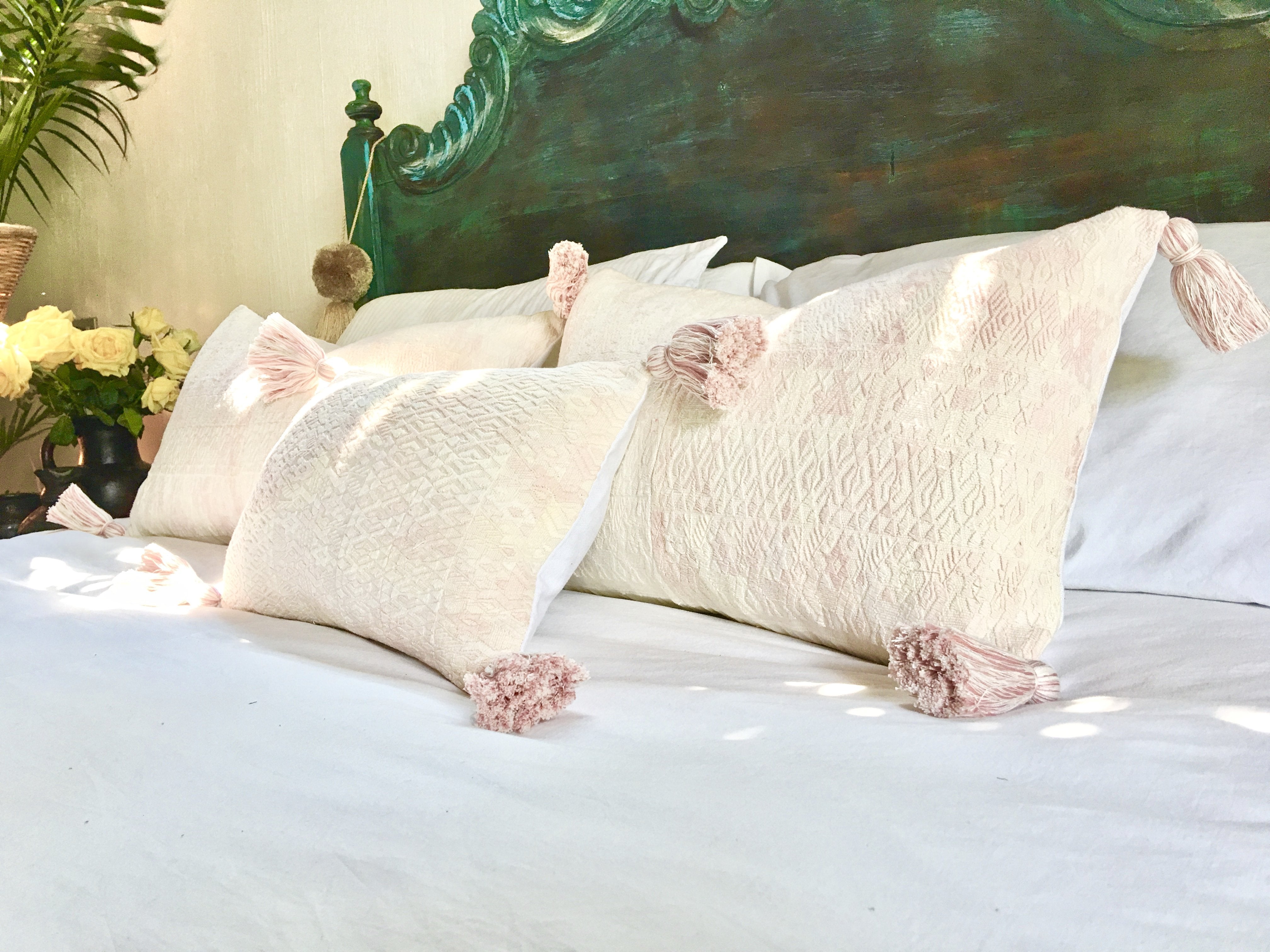 Guatemalan Huipil Pillow, vintage, hand woven blush pink lumbar cushion from Coban