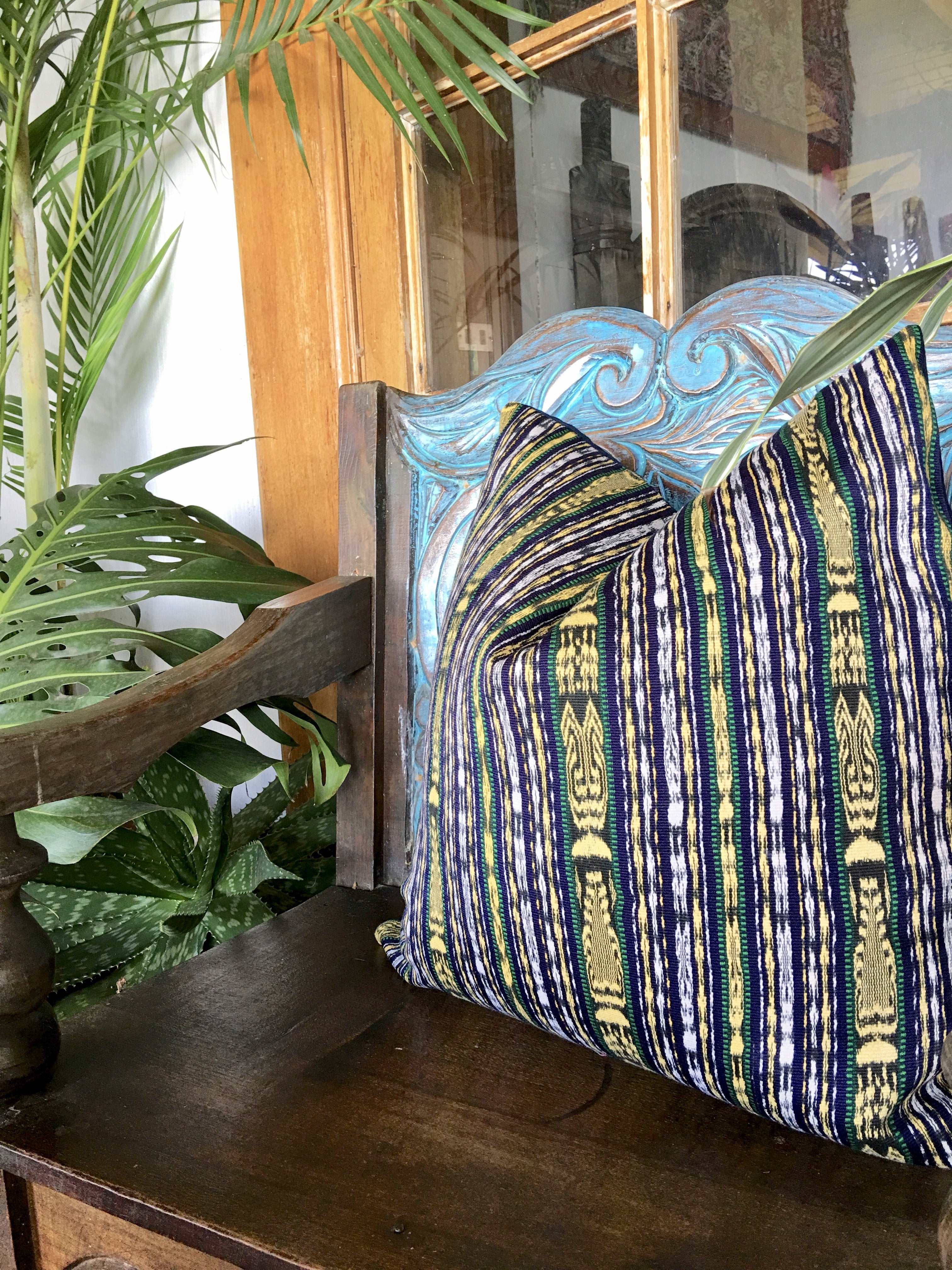 Guatemalan Textile Pillow, vintage, hand woven blue and yellow striped ikat throw cushion