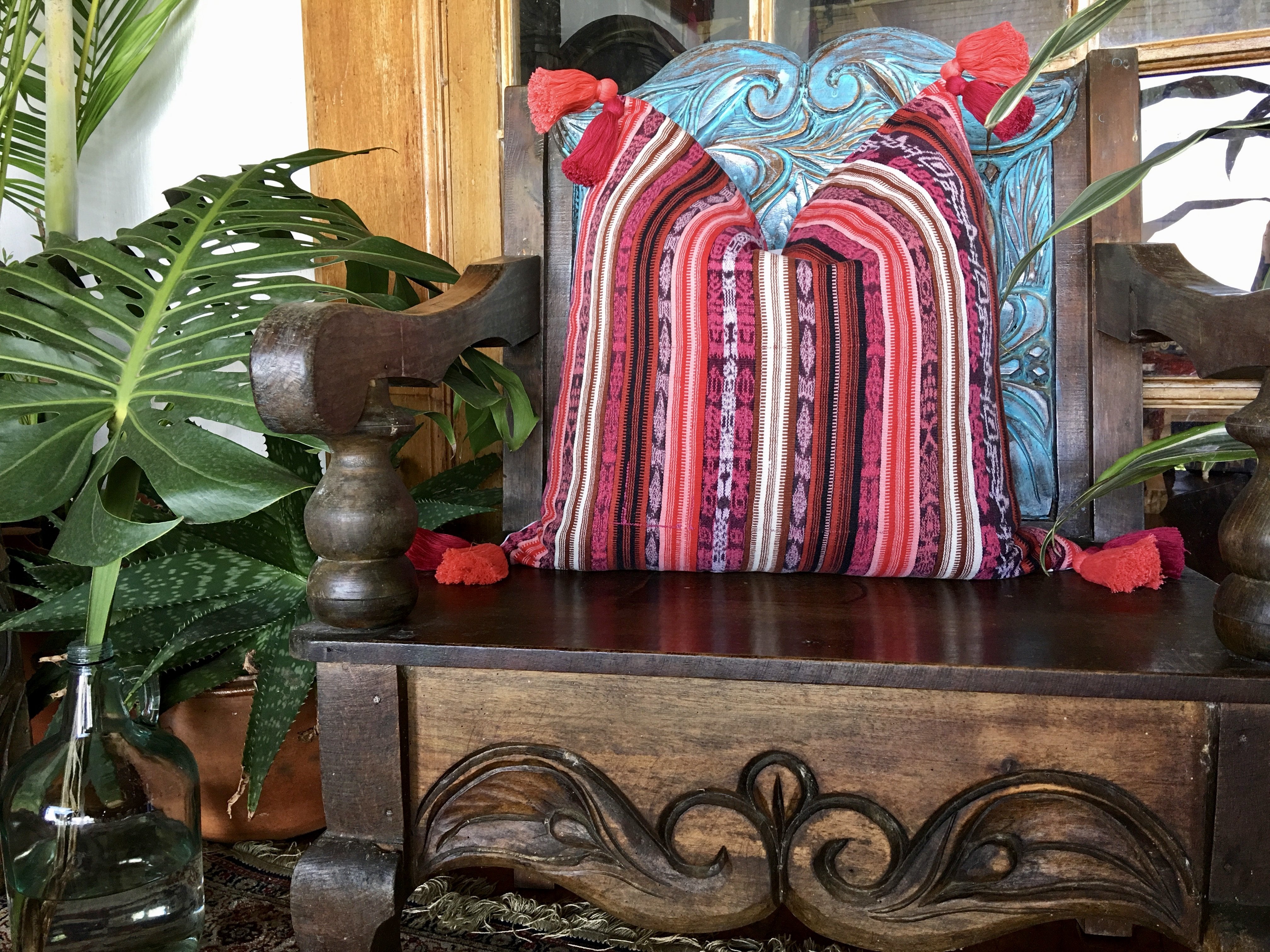 Guatemalan Textile Pillow, vintage, hand woven pink striped ikat throw cushion with tassels