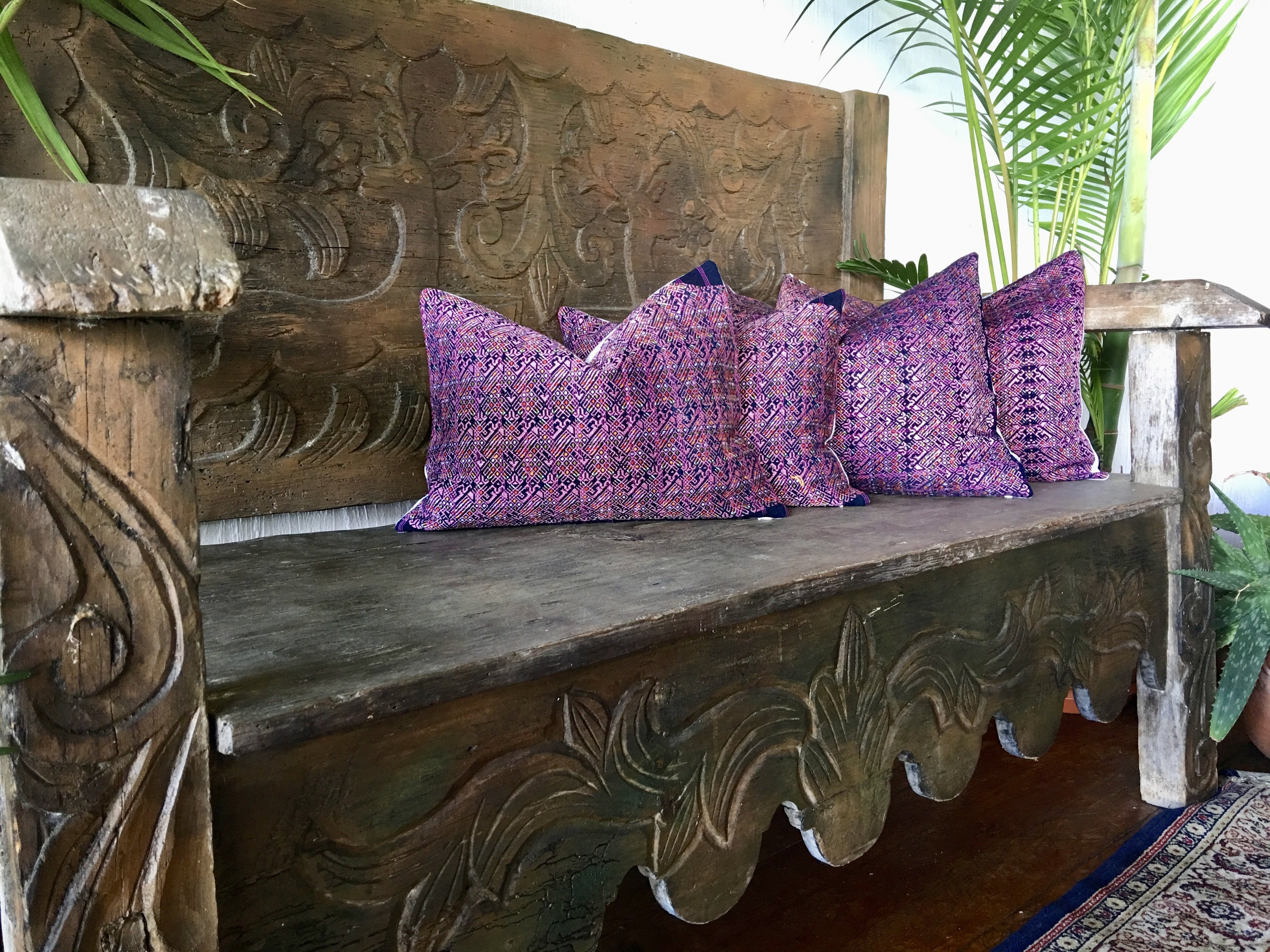 Guatemalan Huipil Pillow, vintage, hand woven fuchsia lumbar cushion from Nahuala