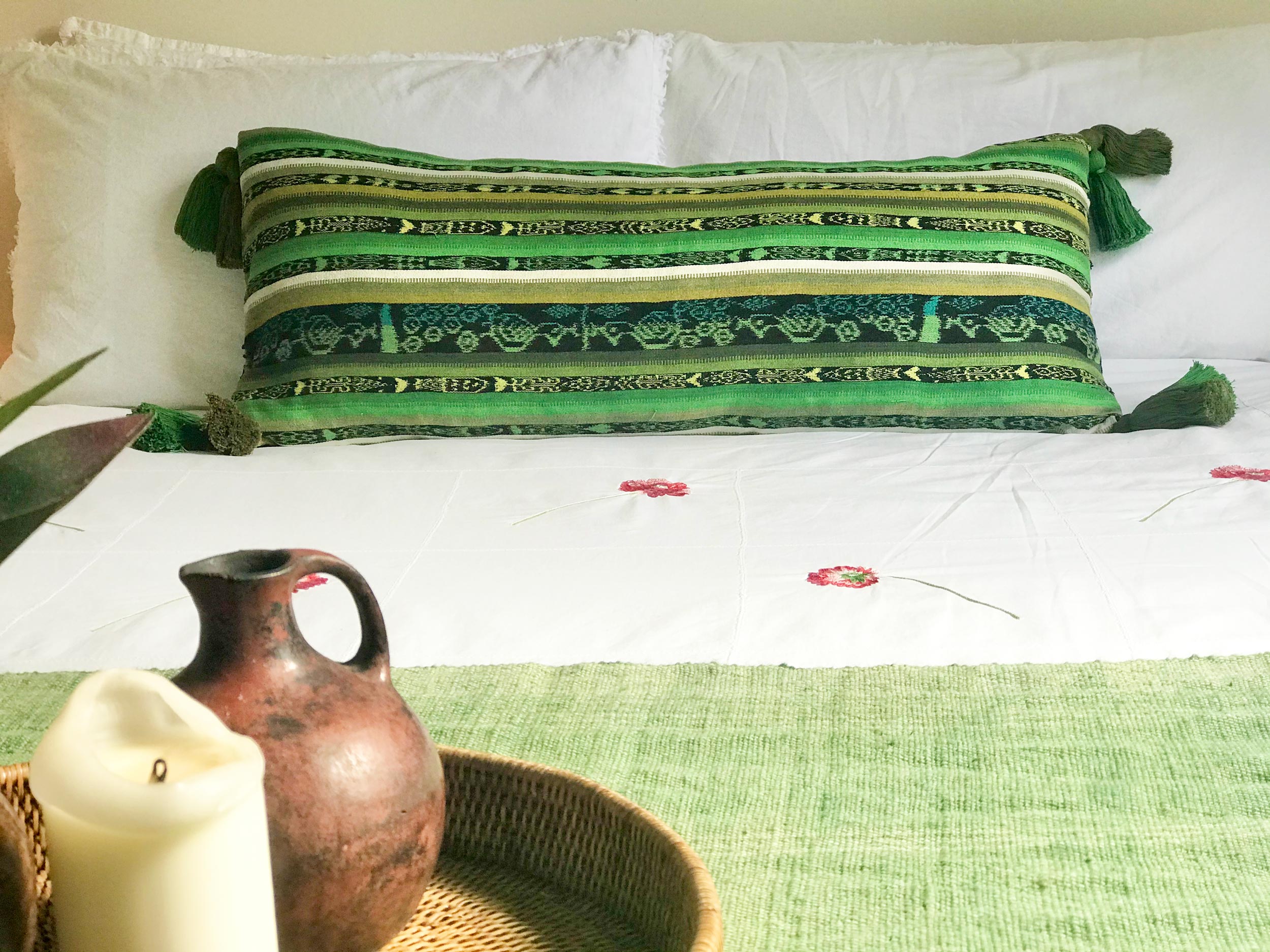 Guatemalan Corte Pillow - Green Ikat long lumbar