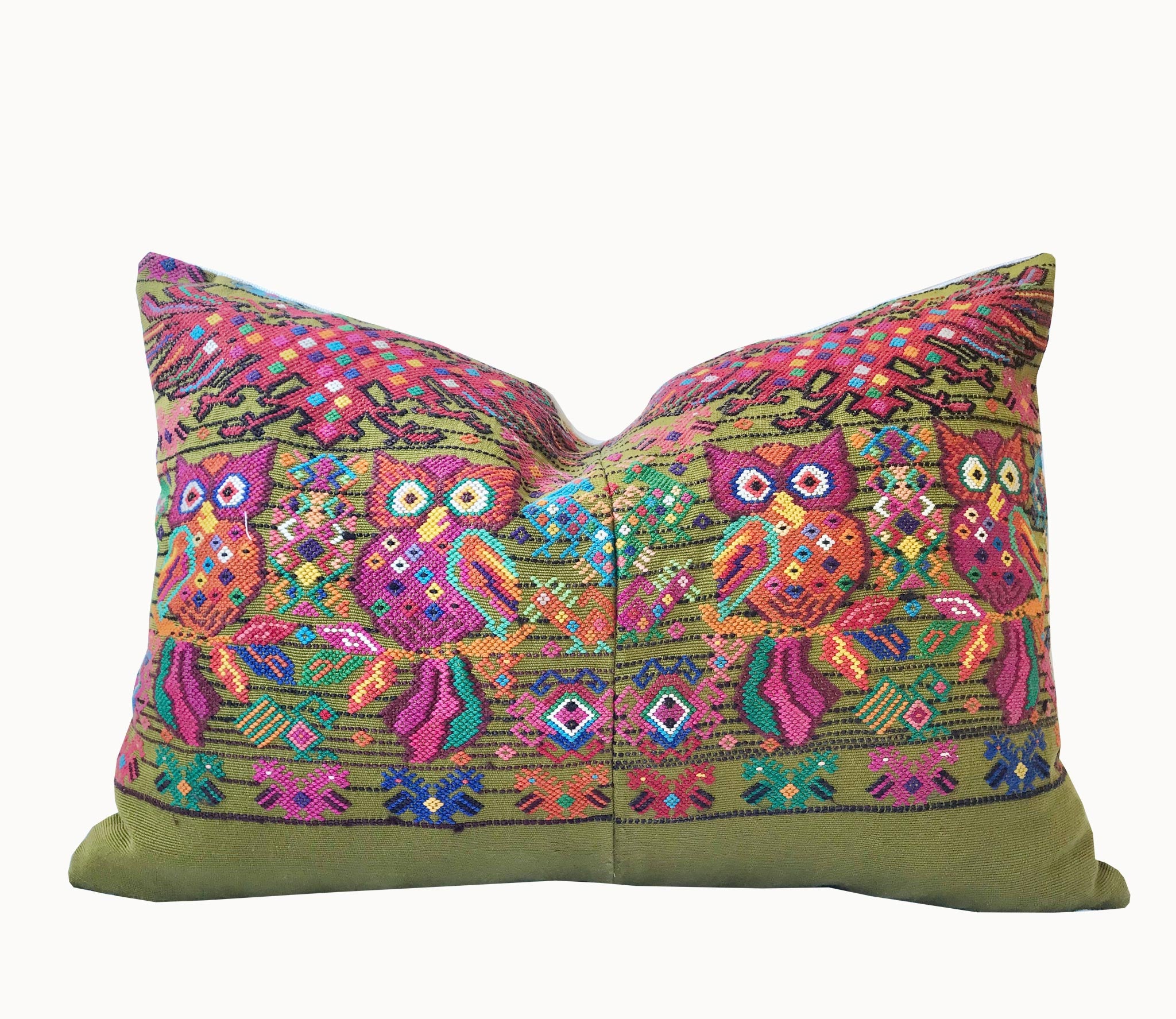 Guatemalan Huipil Pillow - Chichicastenango Owls I