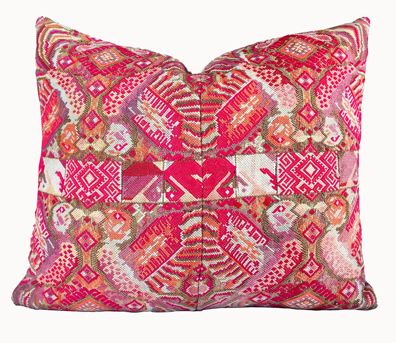 Guatemalan Huipil Pillow, vintage, hand embroidered textile of kissing hummingbirds her a Mayan altar