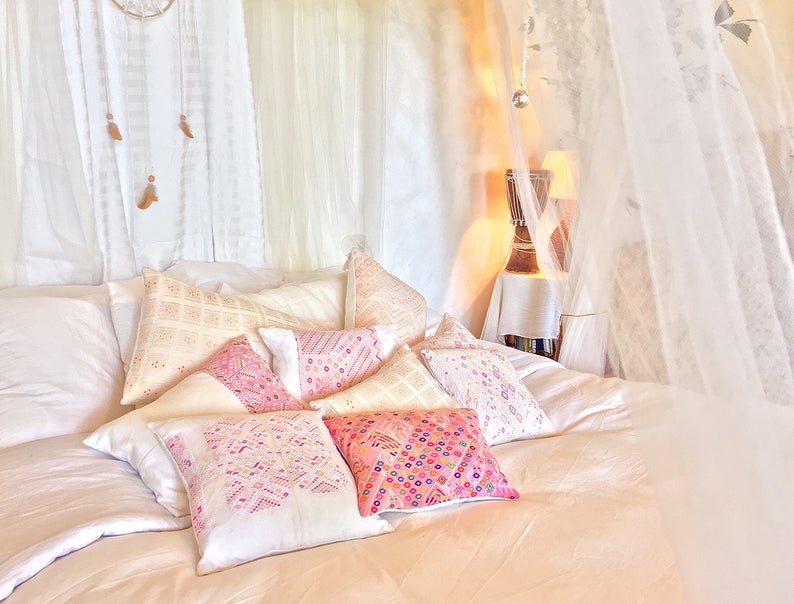 Guatemalan Huipil Pillow, pink and white throw cushion from Nahuala