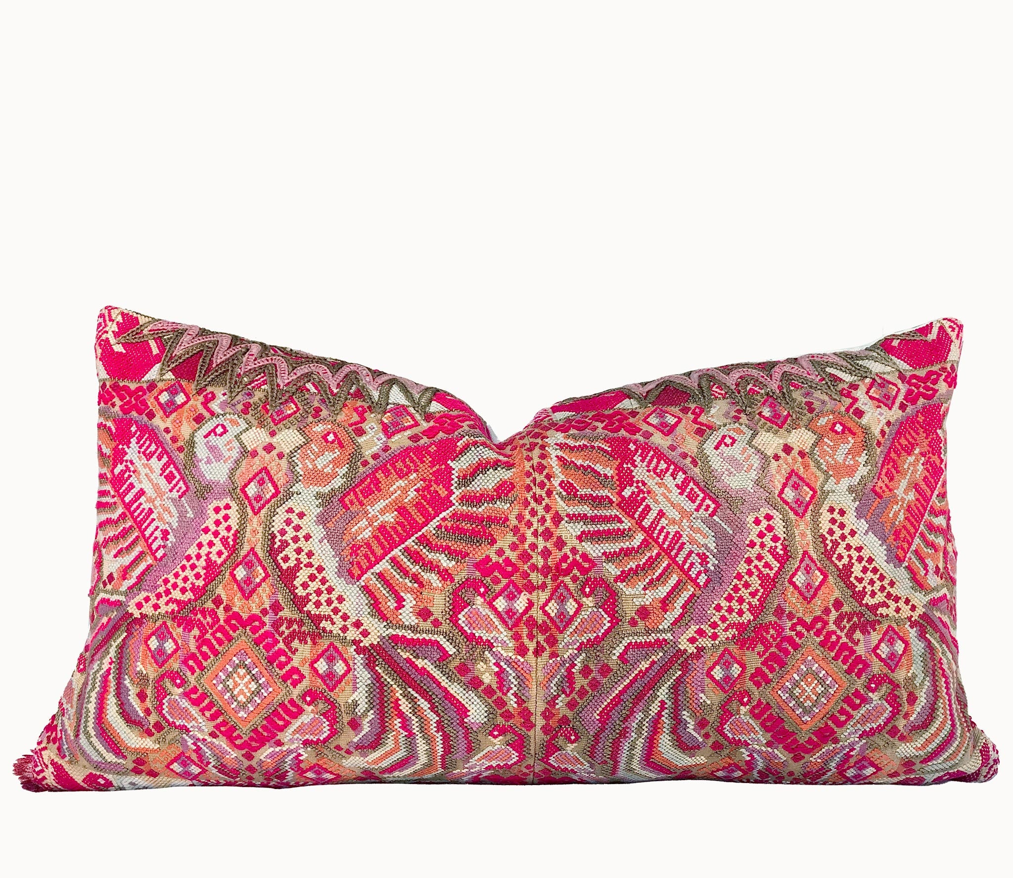 Guatemalan Huipil Pillow, vintage, hand embroidered textile of kissing hummingbirds her a Mayan altar