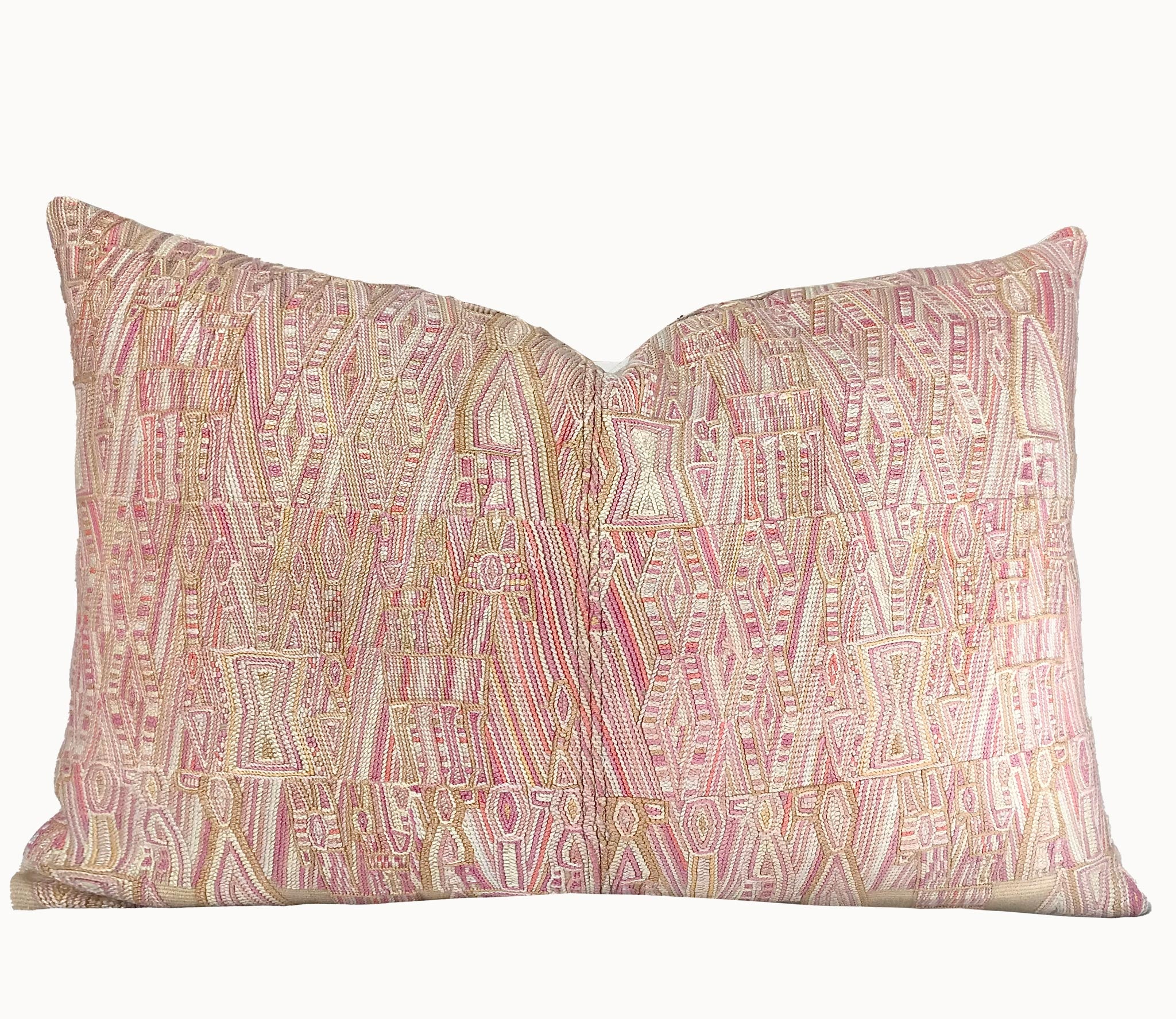 Guatemalan Huipil Pillow, vintage, hand embroidered textile in a beautiful blush and golden beige with subtle abstract tribal figures