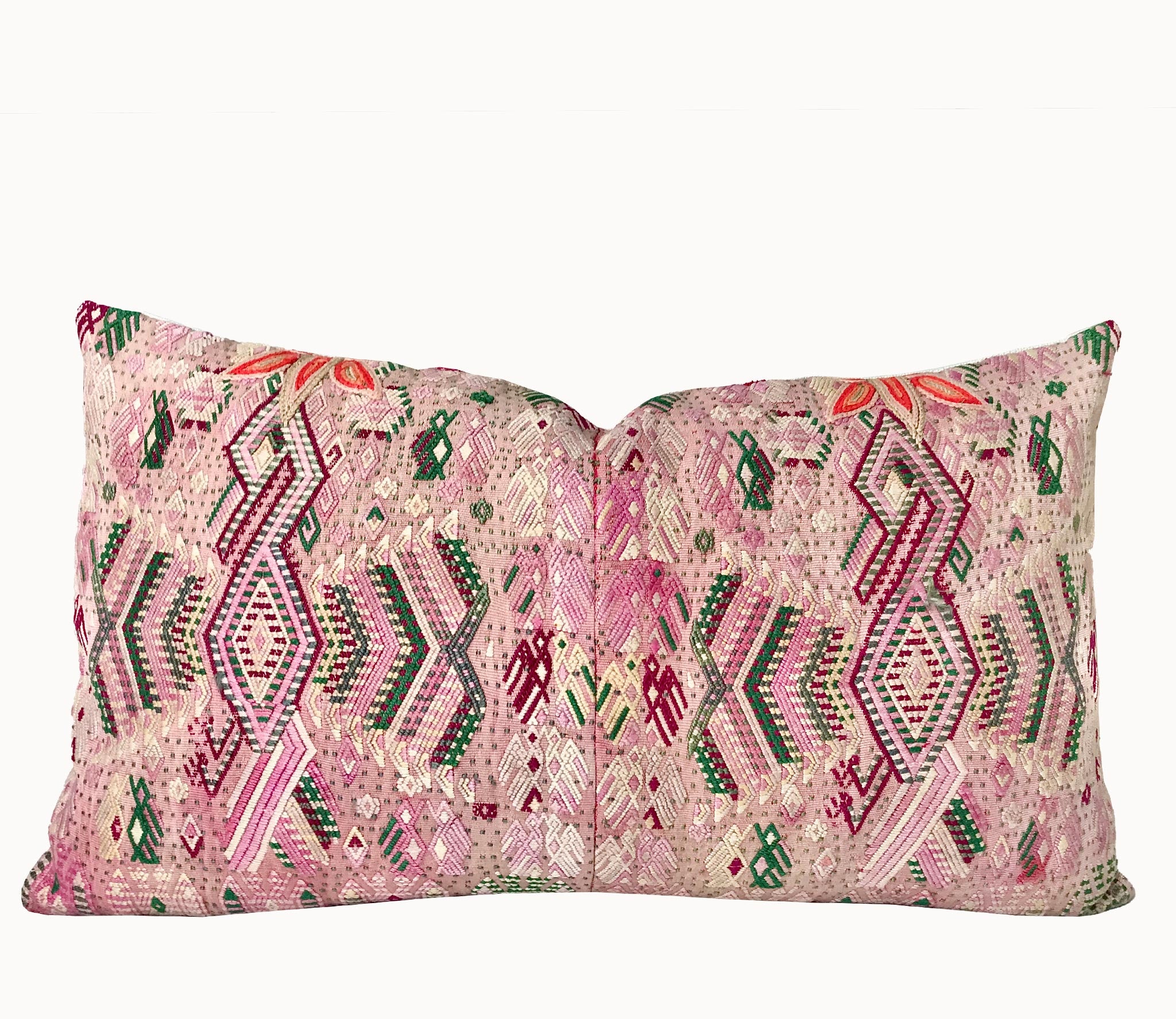 Guatemalan Huipil Pillow, vintage, hand embroidered stylised birds in pink and green in a shabby chic design