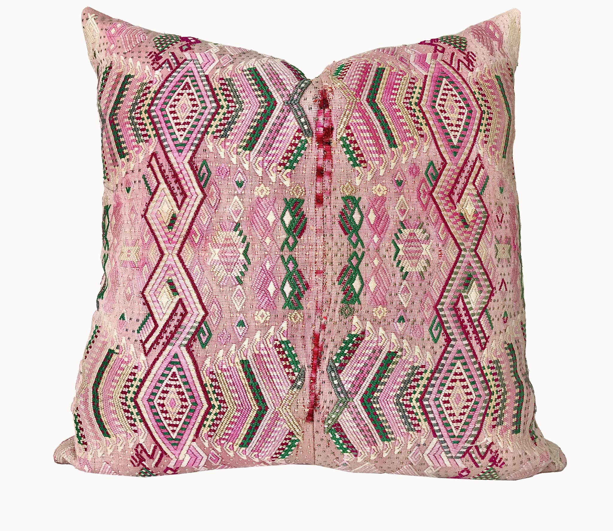 Guatemalan Huipil Pillow, vintage, hand embroidered stylised birds in pink and green in a shabby chic design