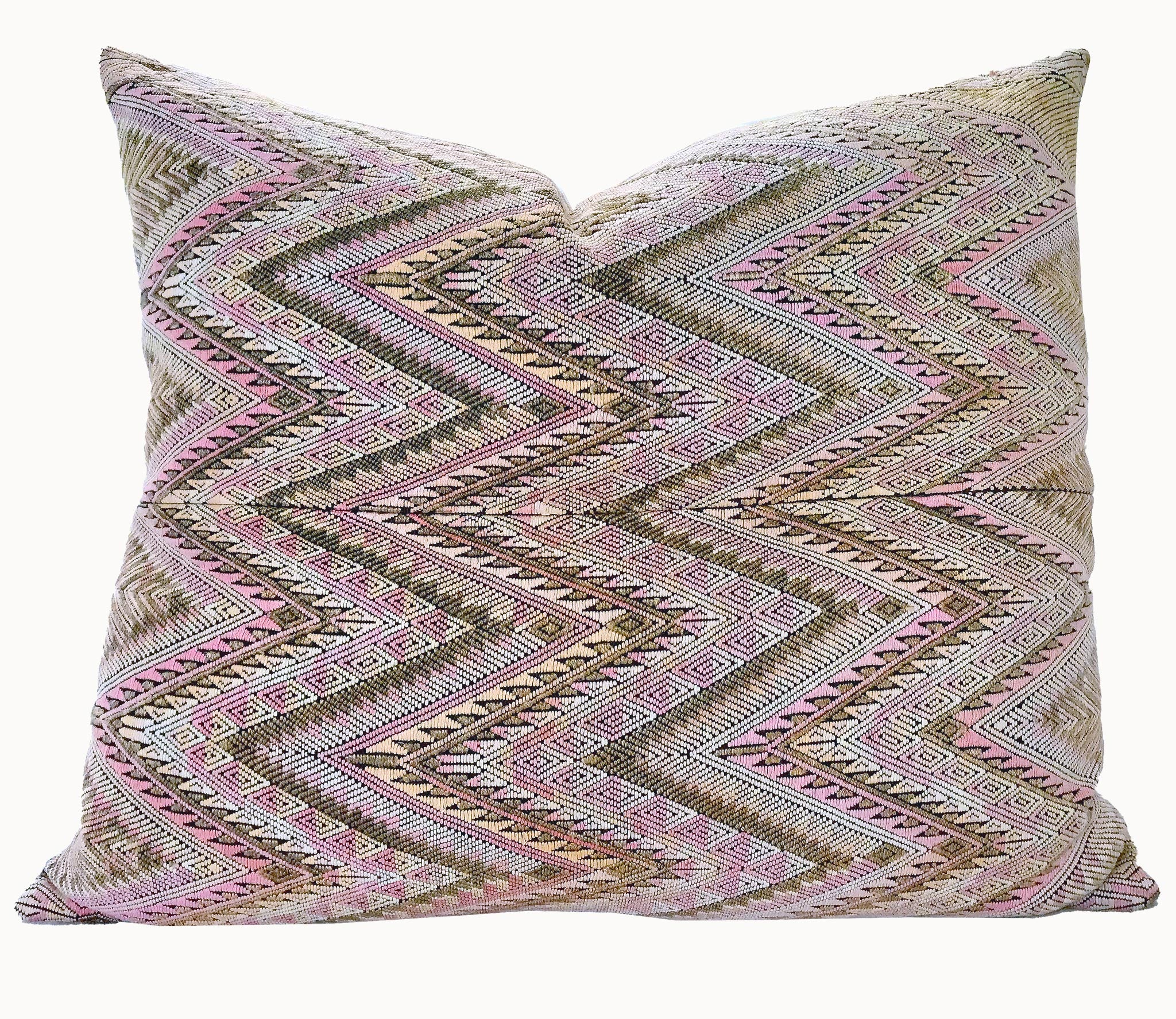 Guatemalan embroidered huipil pillow. Geometric tribal symbols for bohemian decor.