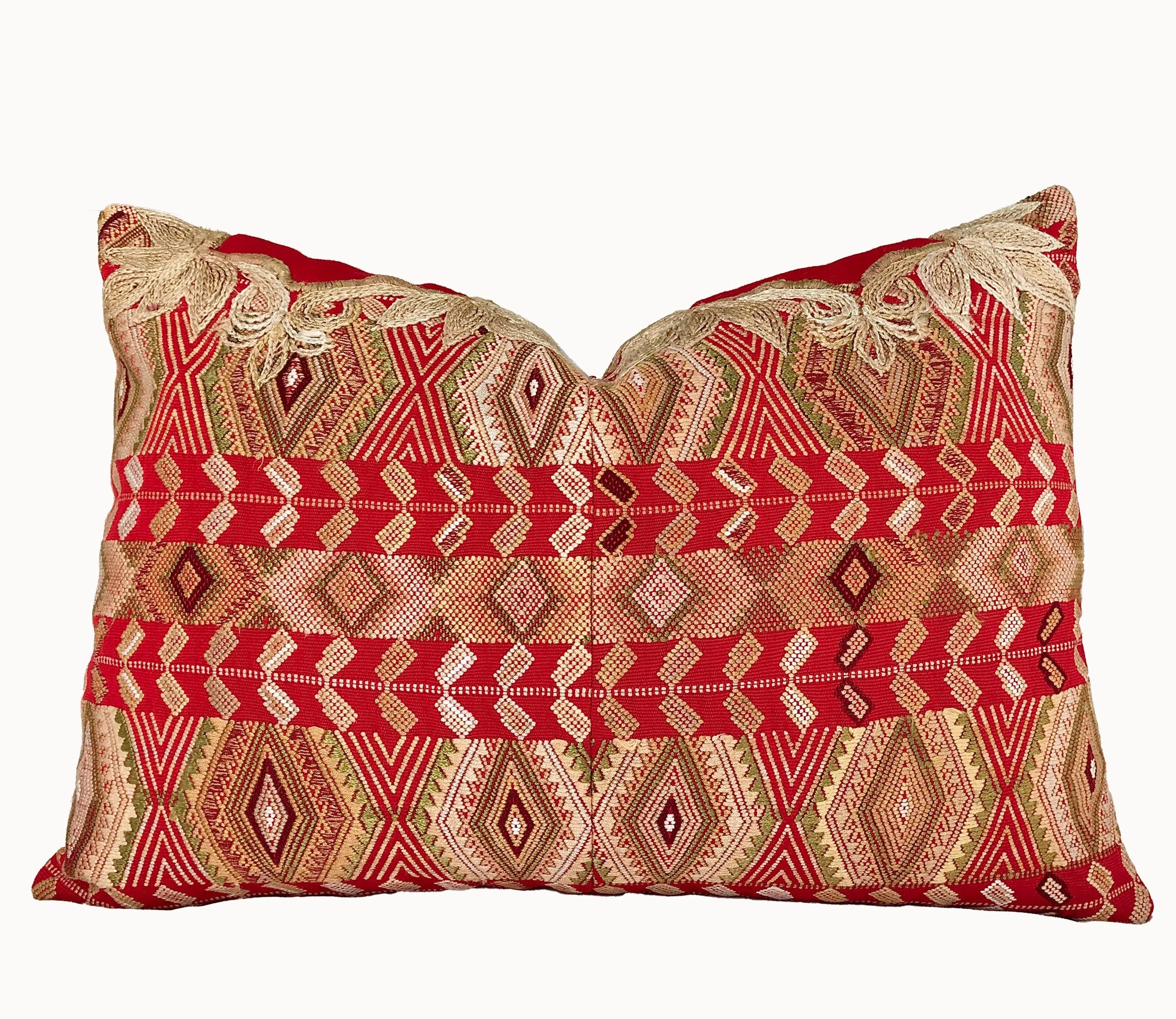 Guatemalan Huipil Pillow, vintage, hand embroidered red and gold Chichicastenango textile depicting a geometric design representing wheat
