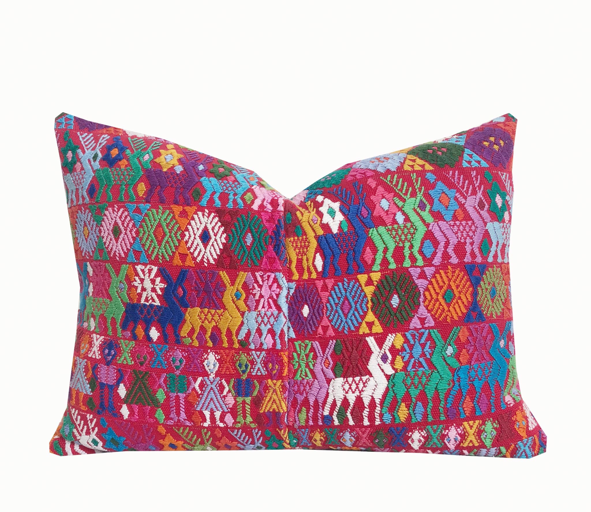 Guatemalan Huipil Pillow, vintage, hand embroidered Coban textile of brightly coloured tribal figures over a red cotton