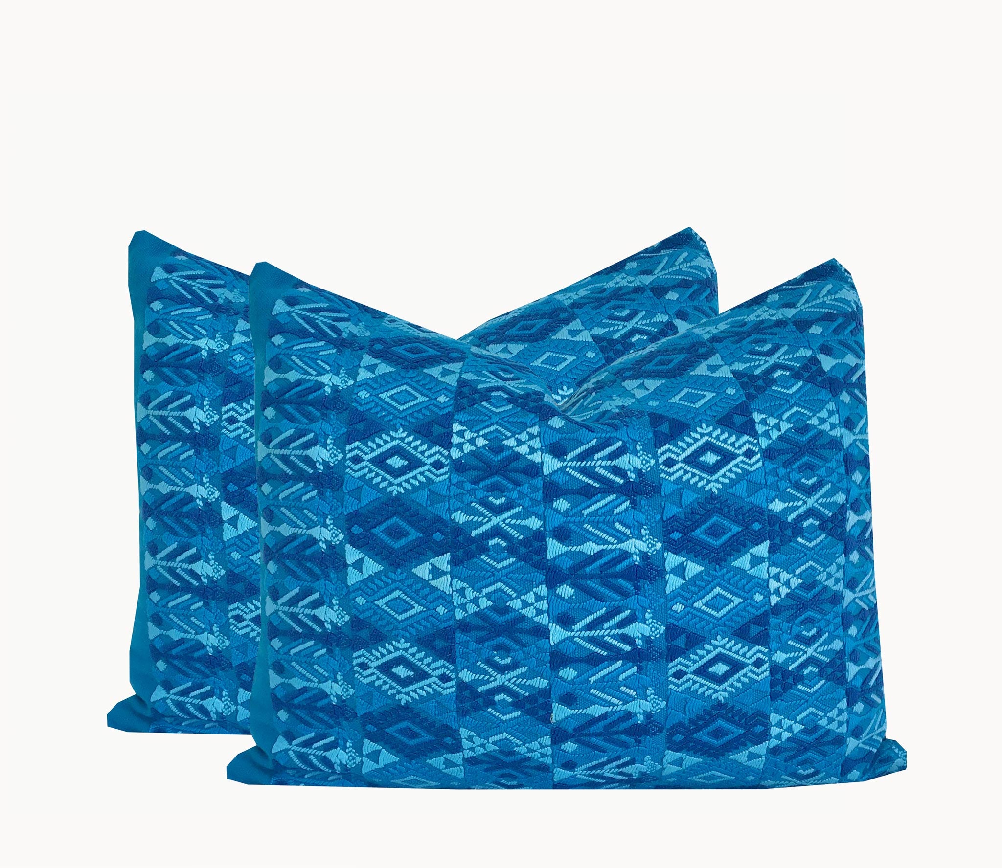 2 Guatemalan Huipil Textile Pillows, vintage, hand embroidered blue bohemian cushions from Coban