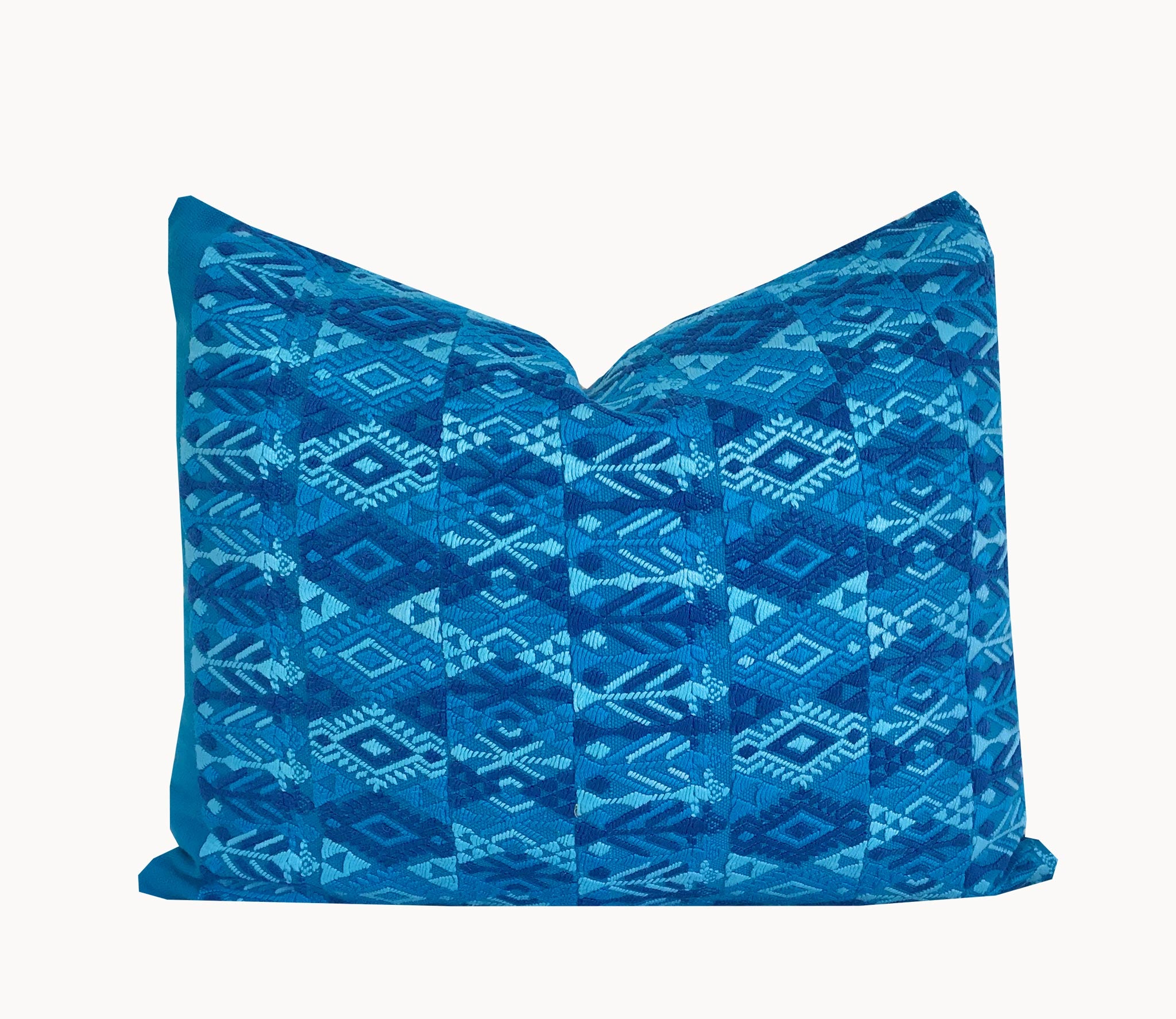 2 Guatemalan Huipil Textile Pillows, vintage, hand embroidered blue bohemian cushions from Coban