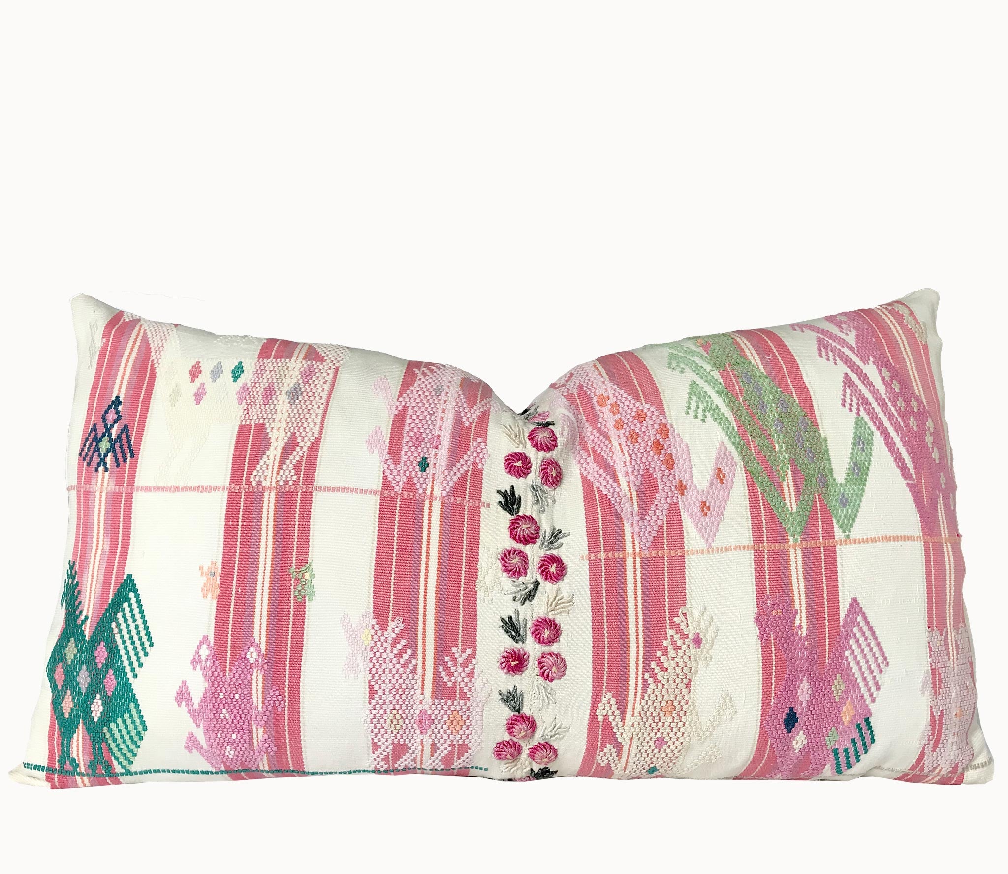 Guatemalan Tzute Pillow, stylised animals hand embroidered over striped pink and white cotton, perfect for a girls bedroom or nursery