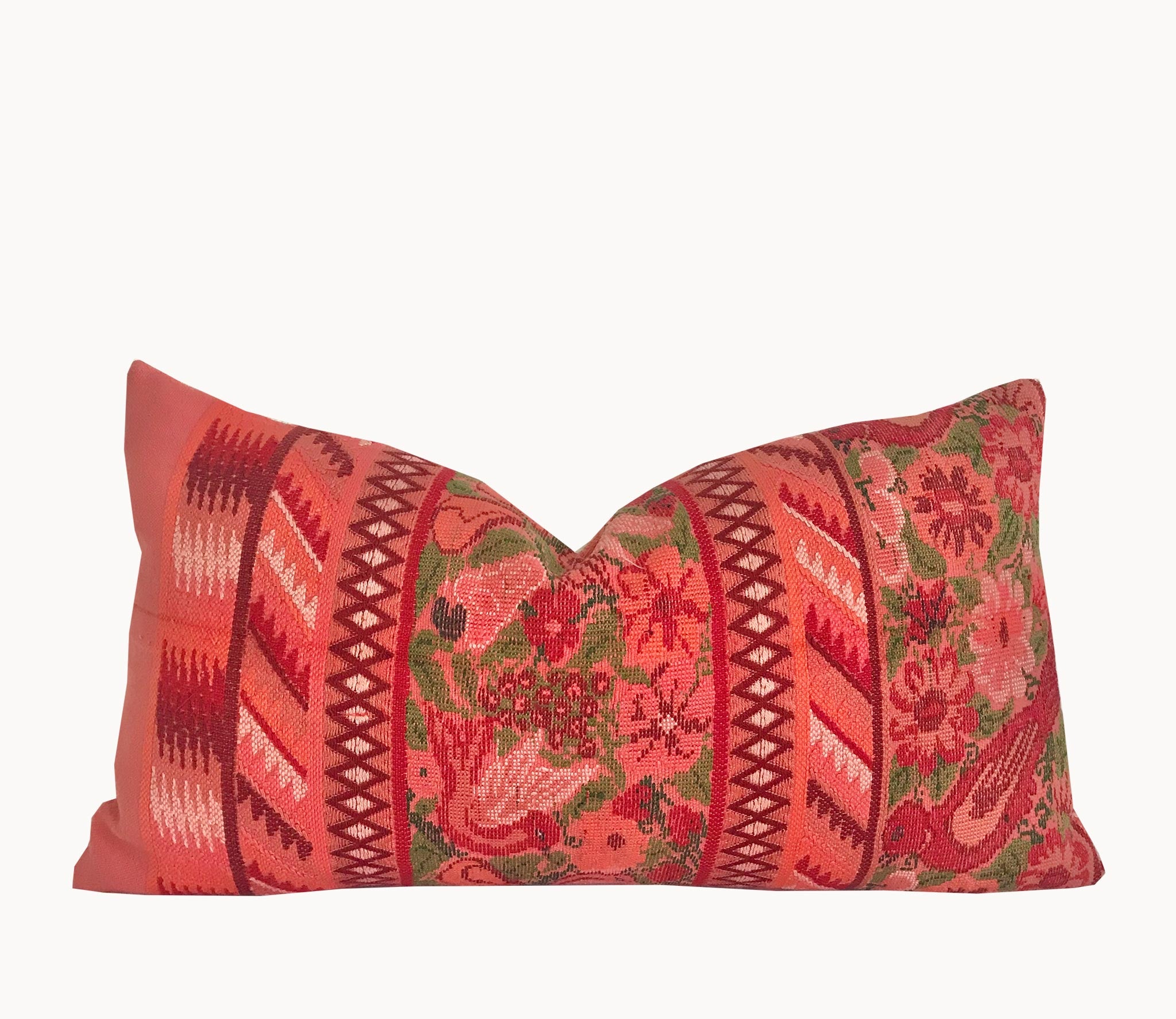 Guatemalan Huipil Pillow, Vintage, hand woven coral floral lumbar cushion from Aguas Calientas