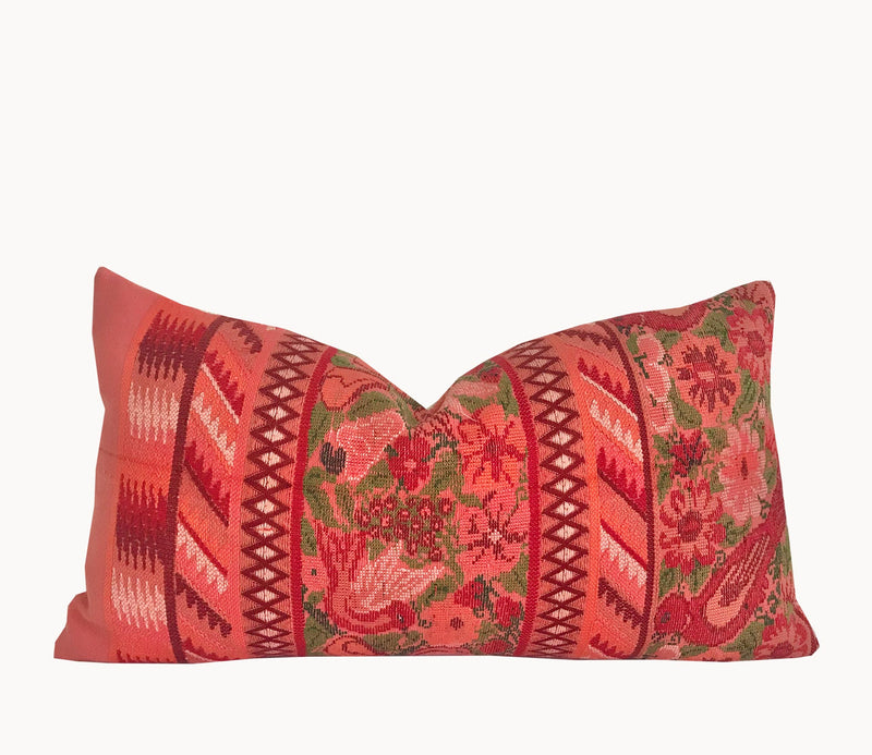Guatemalan Huipil Pillow, Vintage, hand woven coral floral lumbar cushion from Aguas Calientas