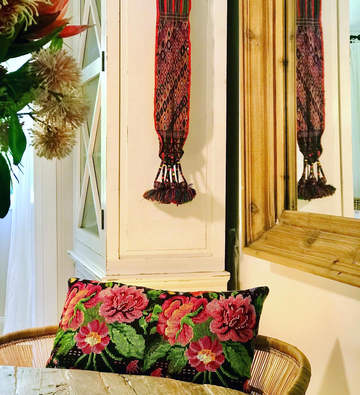 Vintage textile floral huipil cushion