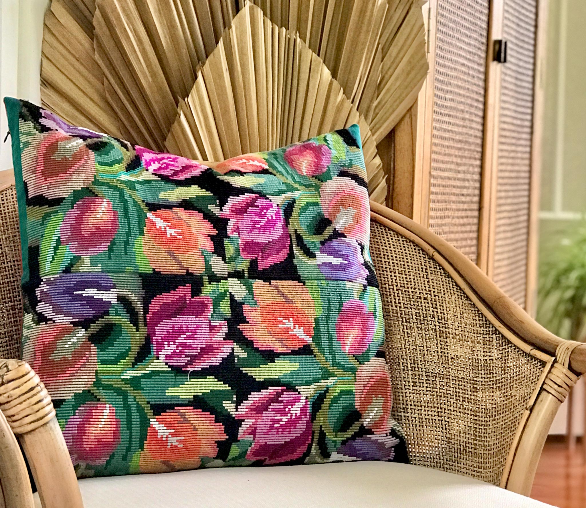 Vintage textile cushions made from a Guatemalan huipil and corte.