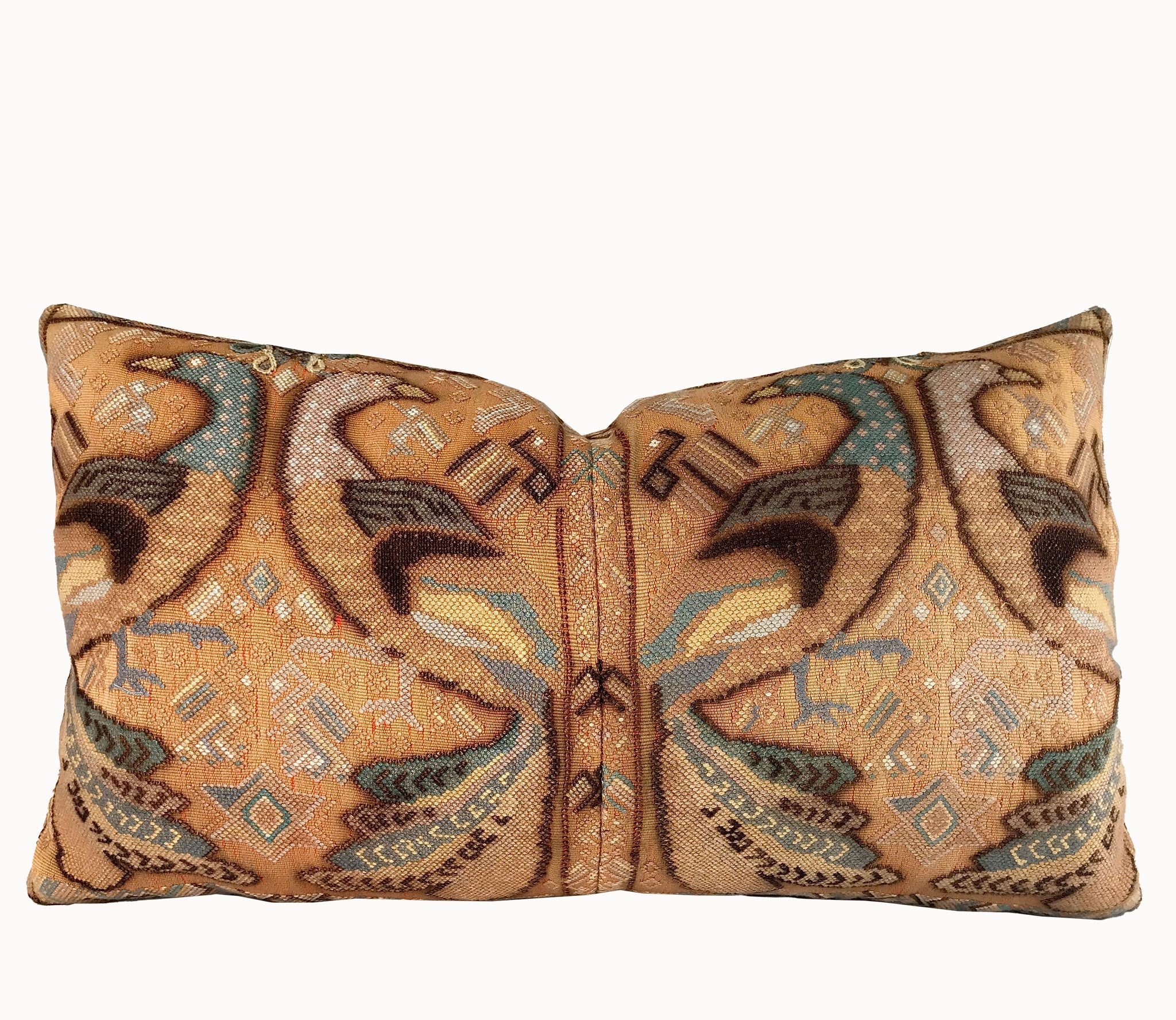 Guatemalan embroidered huipil pillow. Exotic yellow peacock birds in a maximalist bohemian design