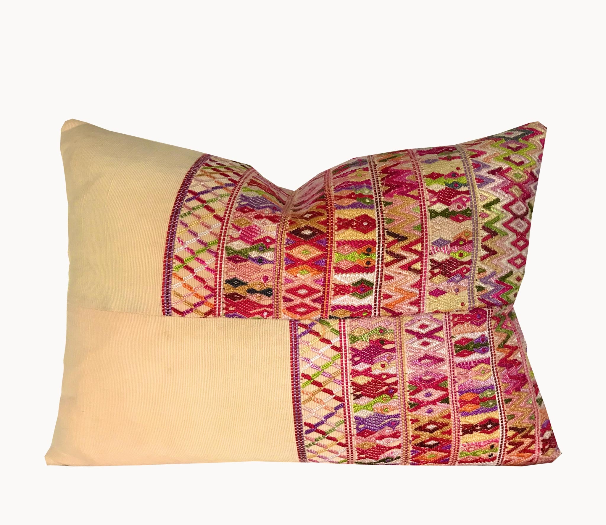 Guatemalan Huipil Pillow, vintage, hand woven yellow and red lumbar cushion from San Juan Cotzal