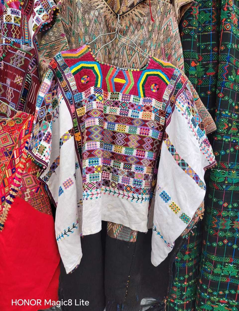 Ceremonial colourful on white Colotenango huipil #5-413