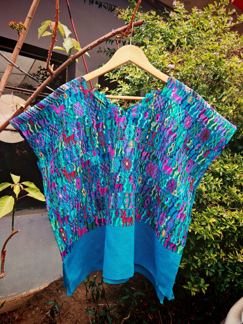 Colorful on blue Coban huipil (reserved for Sarah)