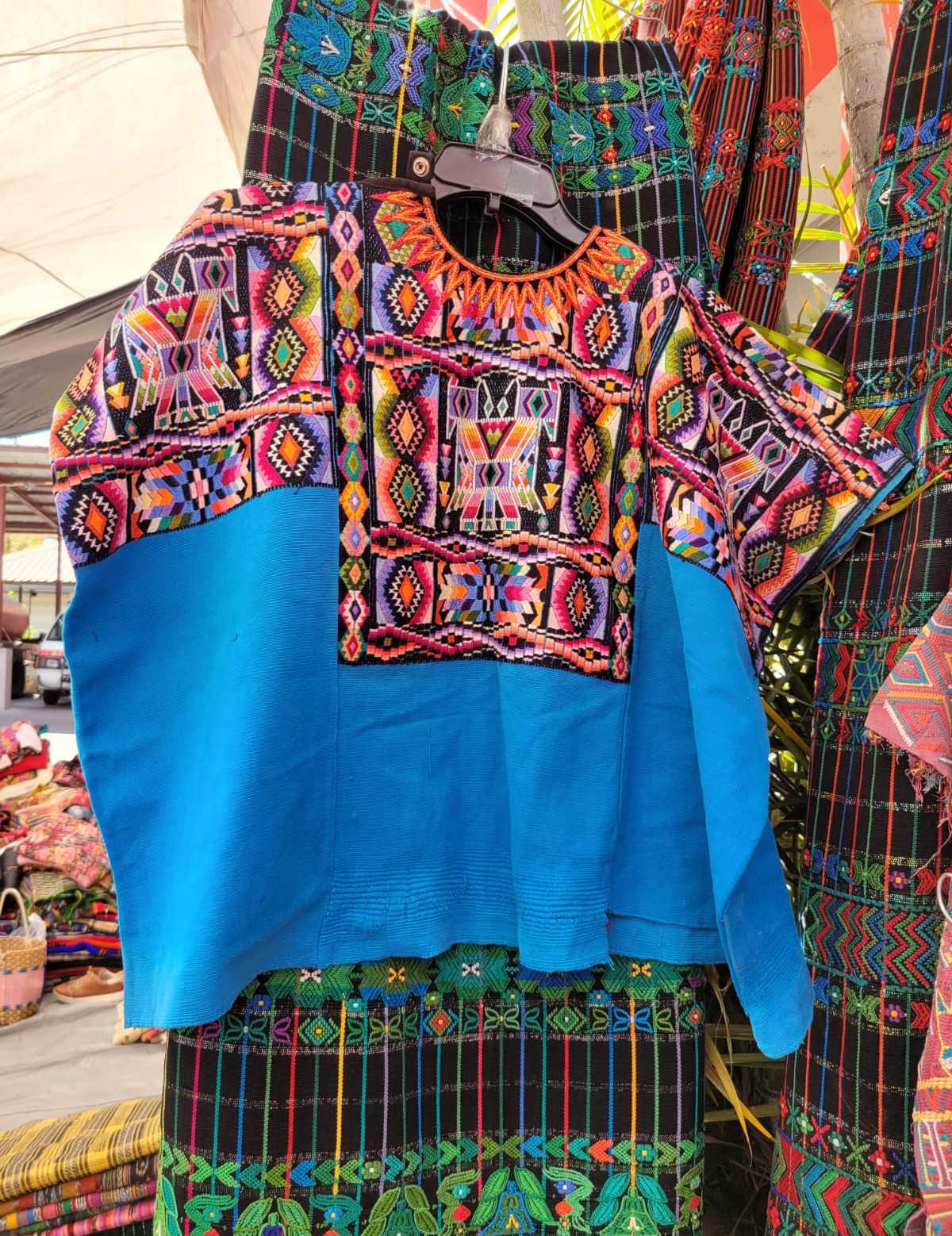 Colourful geometrics on blue Chichicastenango huipil #3-57