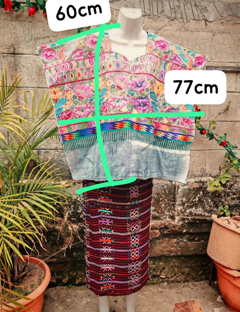 Pink floral and bird Aguas Calientas huipil #4-287